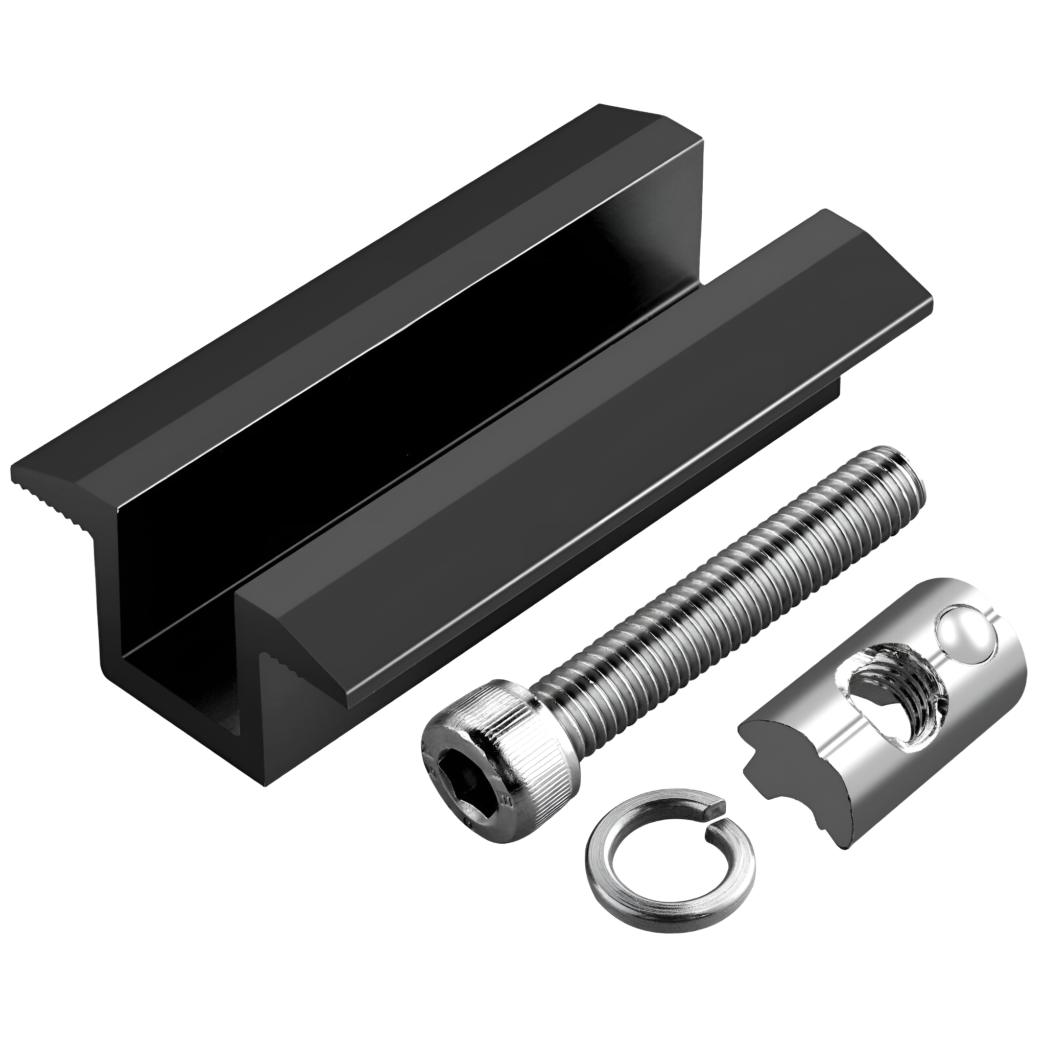 Schwarze Metallhalterung mit Schraube, Unterlegscheibe und Mutter.