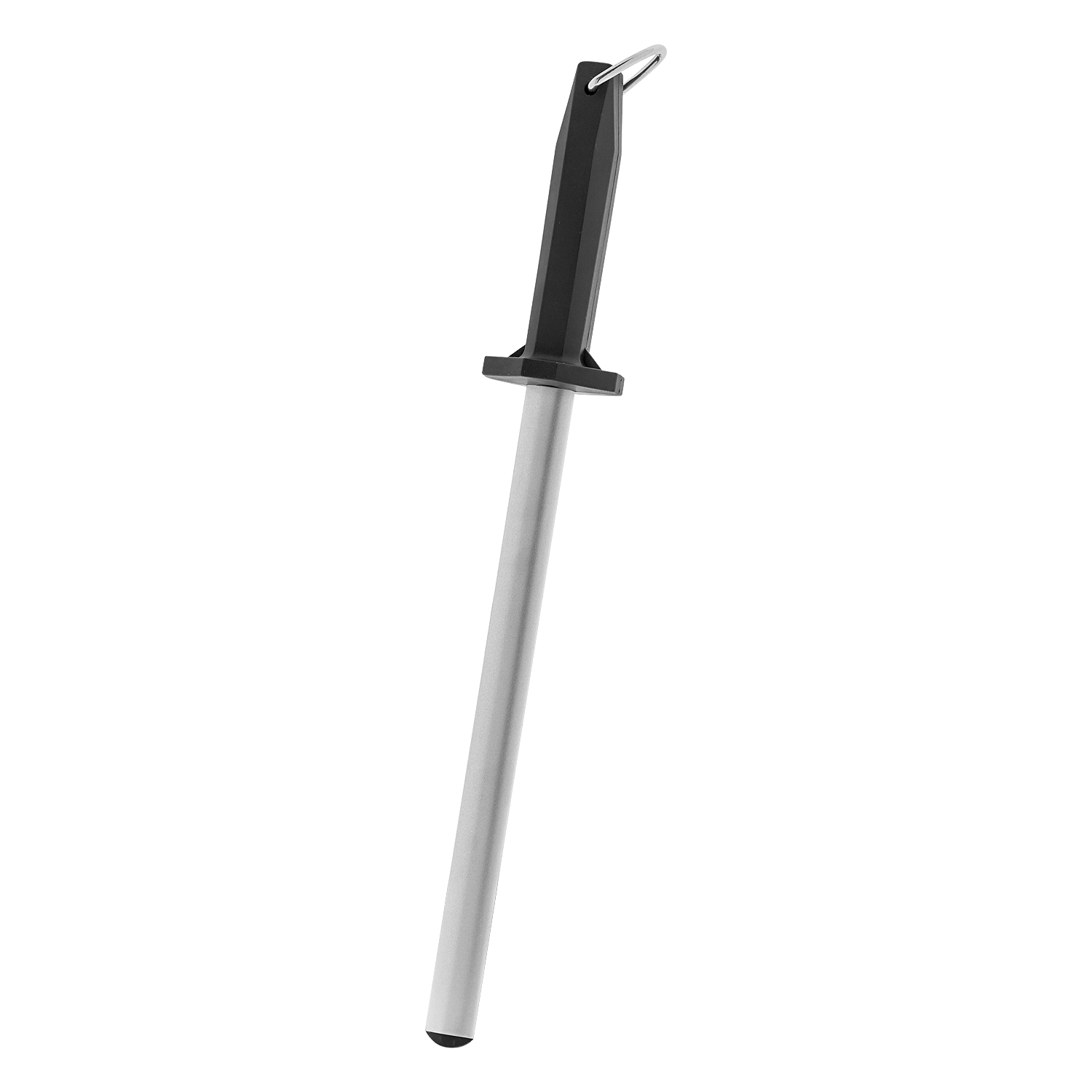 Ein Schärfstahl mit schwarzem Griff und einer silbernen Metallstange, isoliert auf Weiß.