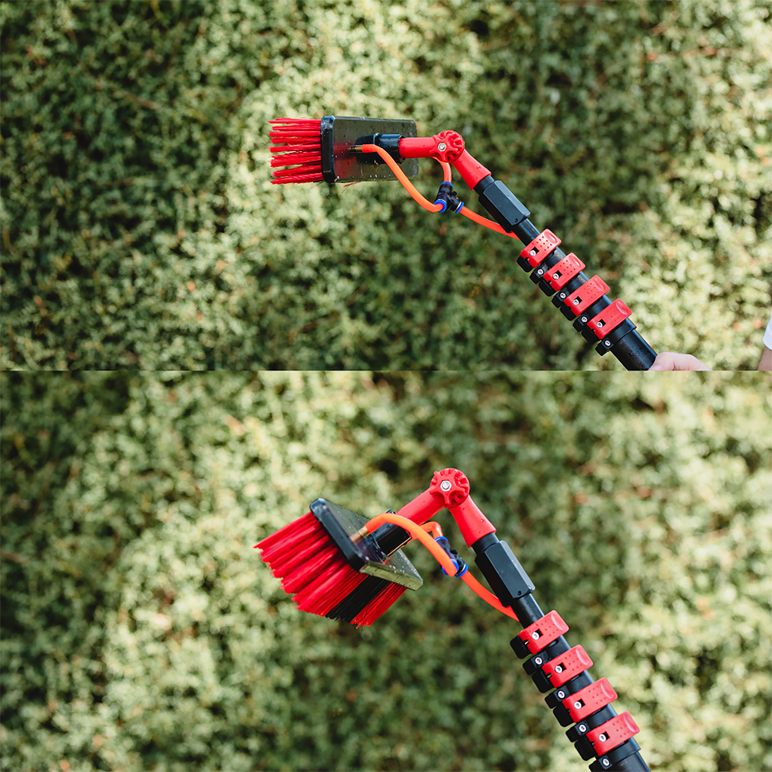 Twee afbeeldingen van een borstelkop met rode borstelharen die aan een telescopische, rood-zwarte schoonmaakstok is bevestigd.