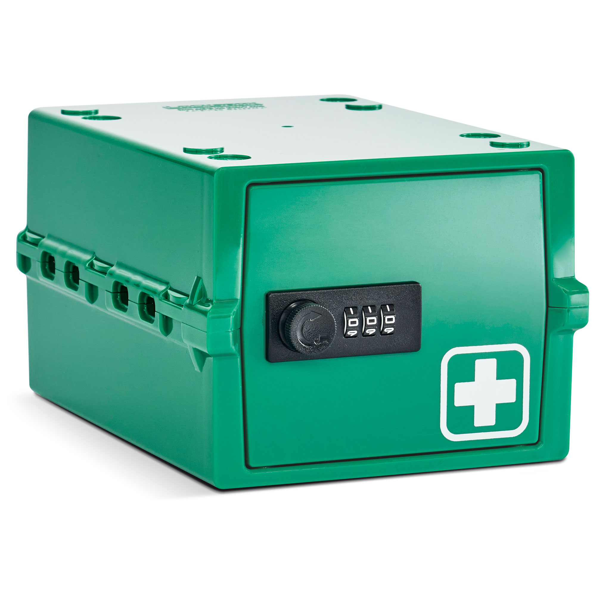 Grüne Erste-Hilfe-Box mit Zahlenschloss. Auf der Vorderseite befindet sich ein weißes Kreuz. Sie ist rechteckig und robust.