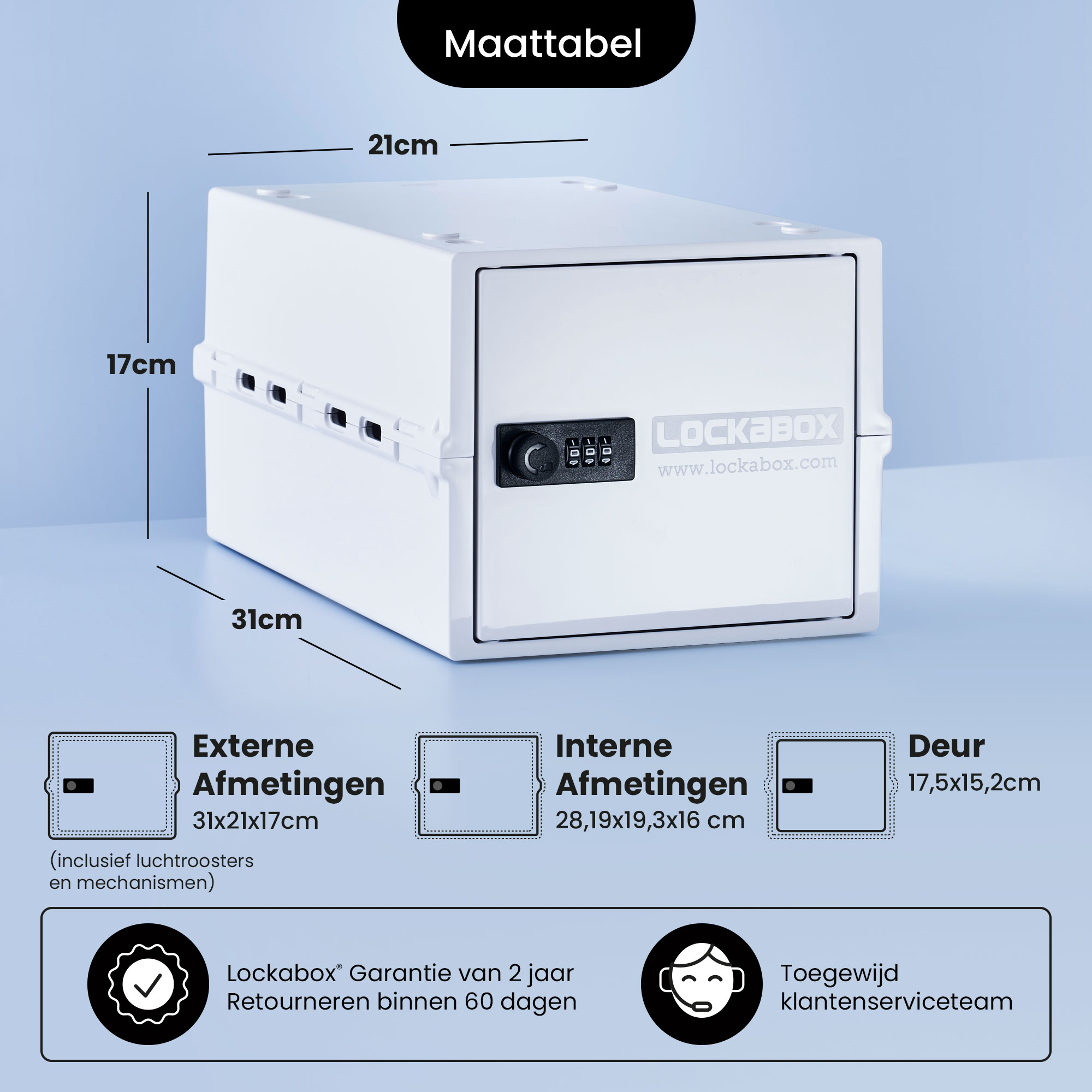 Weiße Lockbox mit Maßen. Enthält ein Zahlenschloss.