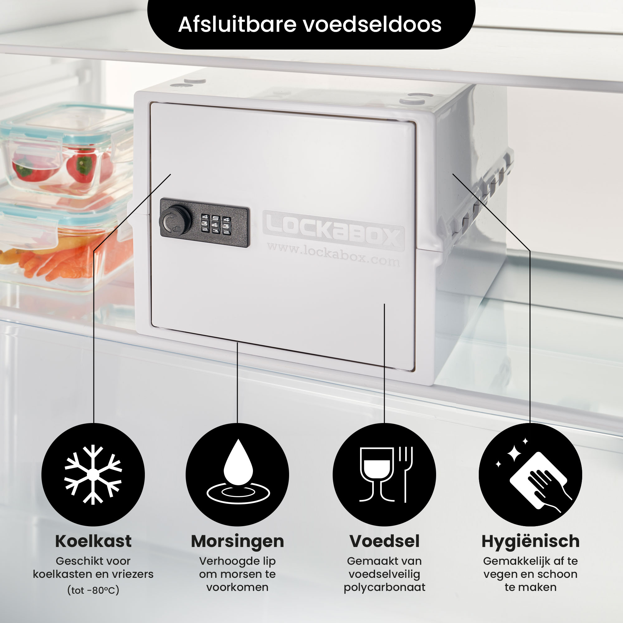Eine weiße Lockabox-Lebensmittelsafe in einem Kühlschrank. Icon-Labels: Kühlschrank, Auslaufschutz, Essen, hygienisch.