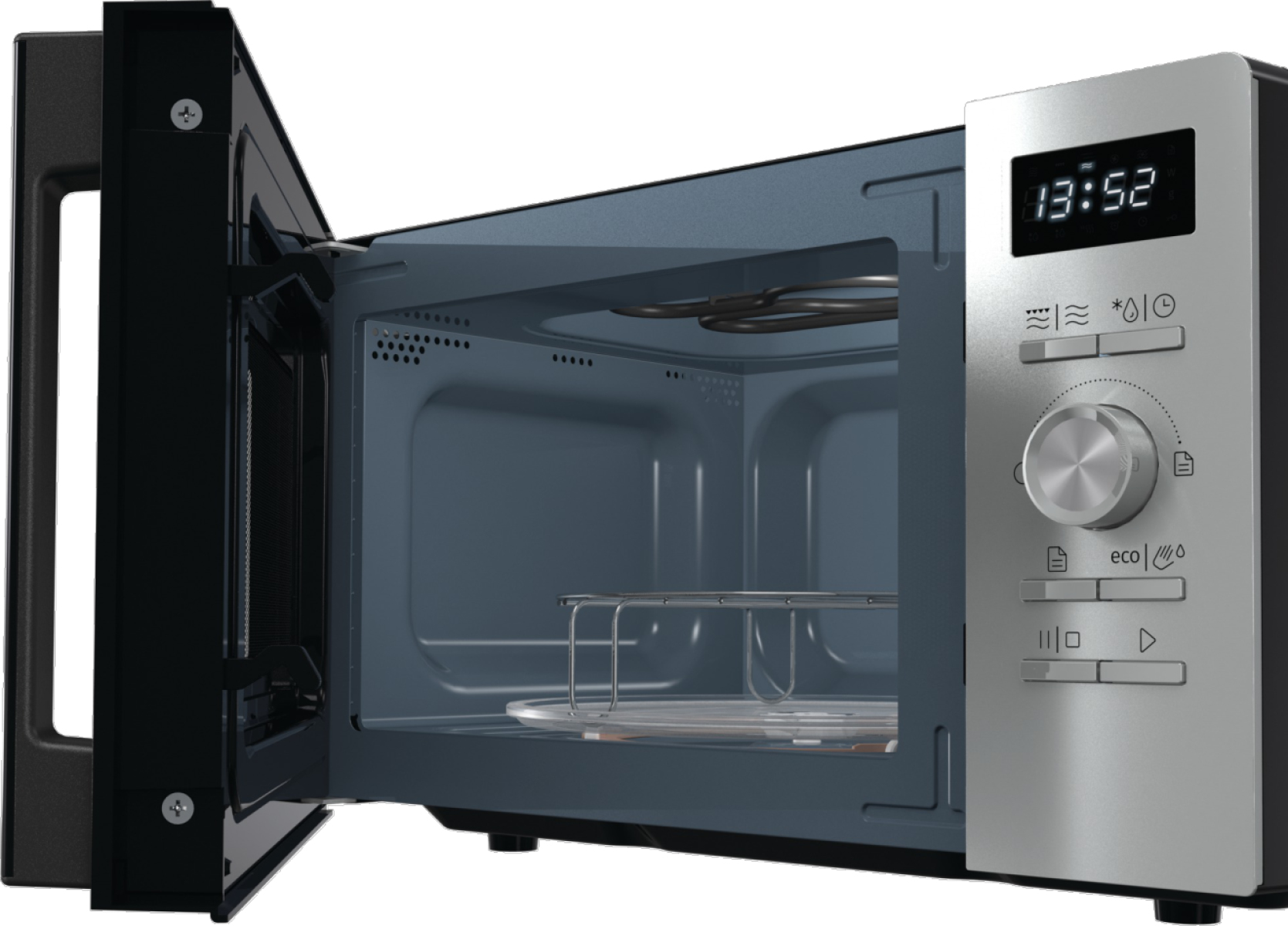 Forno a microonde con porta aperta. Interno visibile. Pannello argentato a destra. Sfondo nero.