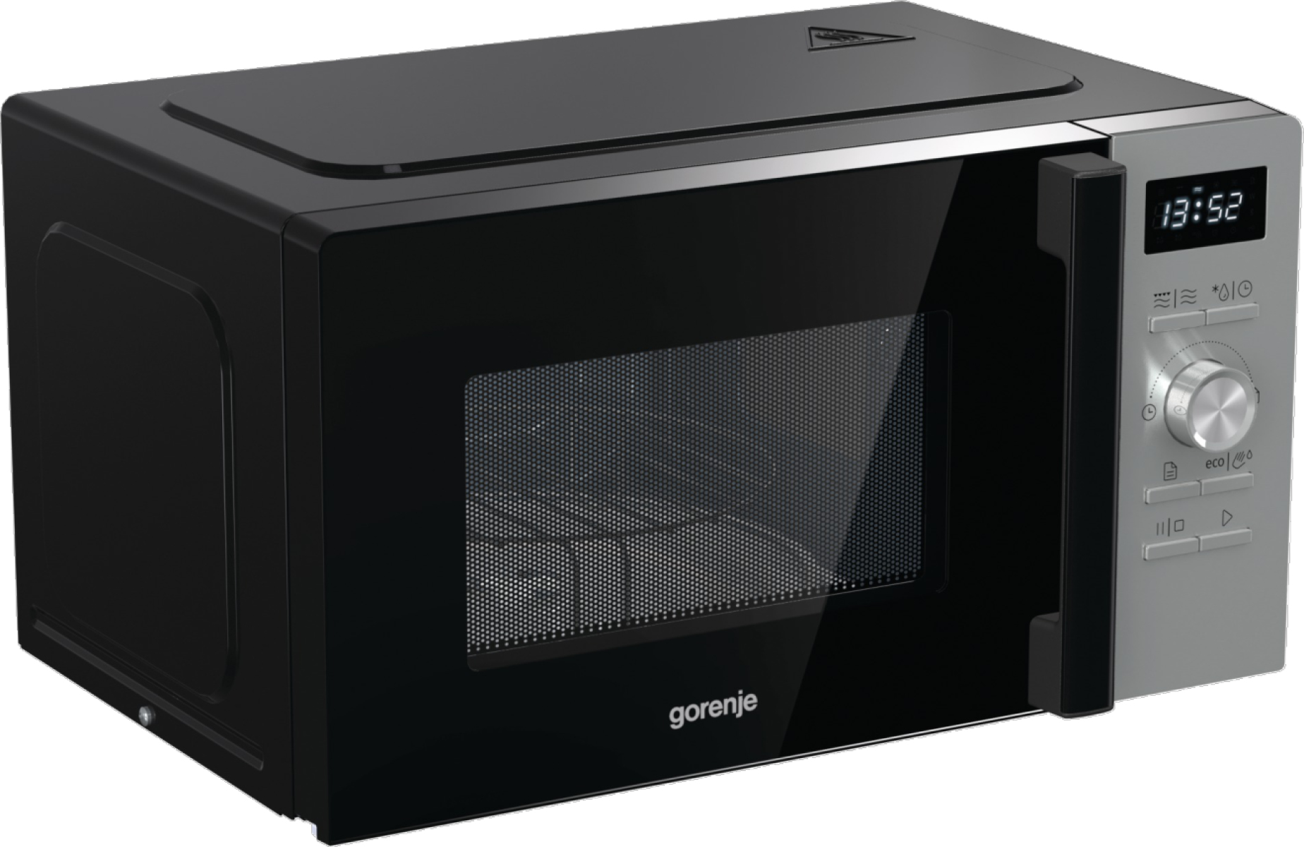 Forno a microonde nero con porta chiusa. Pannello di controllo e display argentati. Sfondo nero.