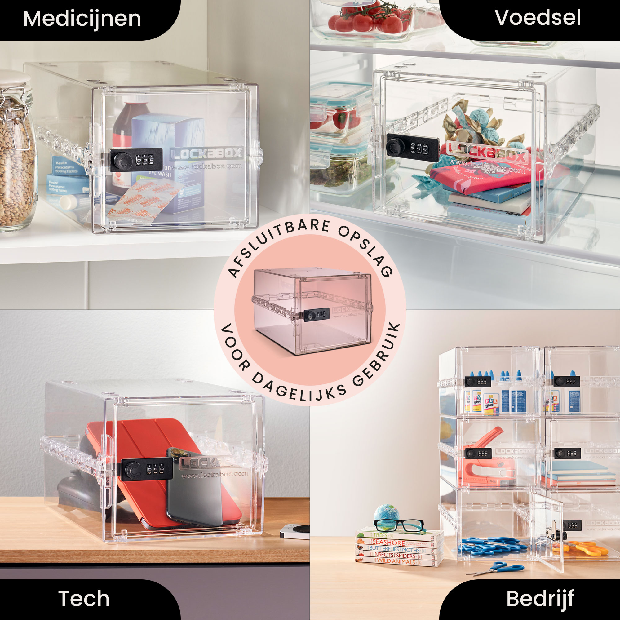 Vier transparente Aufbewahrungsboxen. Jede enthält verschiedene Gegenstände: Medizin, Essen, Technik und Bürobedarf.