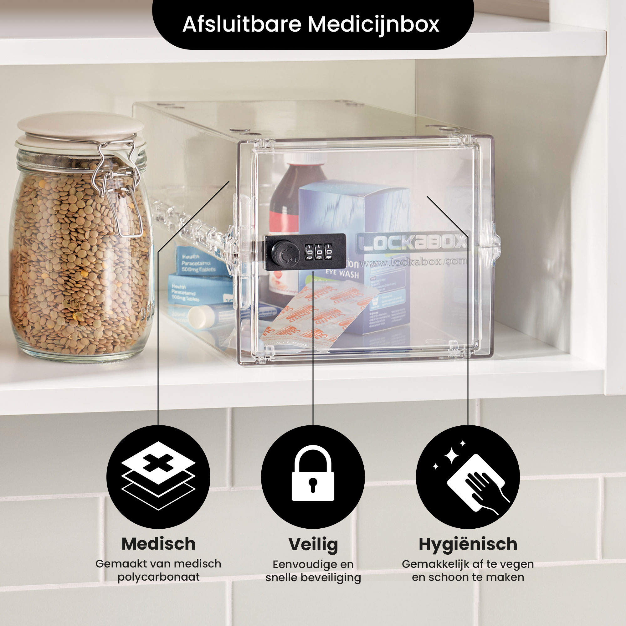 Transparenter Medizinschrank mit Etiketten: medizinisch, sicher und hygienisch.