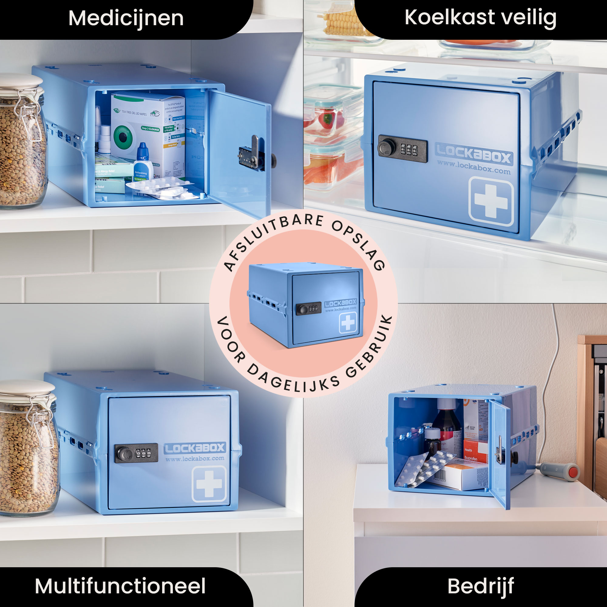 Blaue Lockbox-Medizinbox in mehreren Ansichten, mit Medikamenten innen und auf dem Regal.