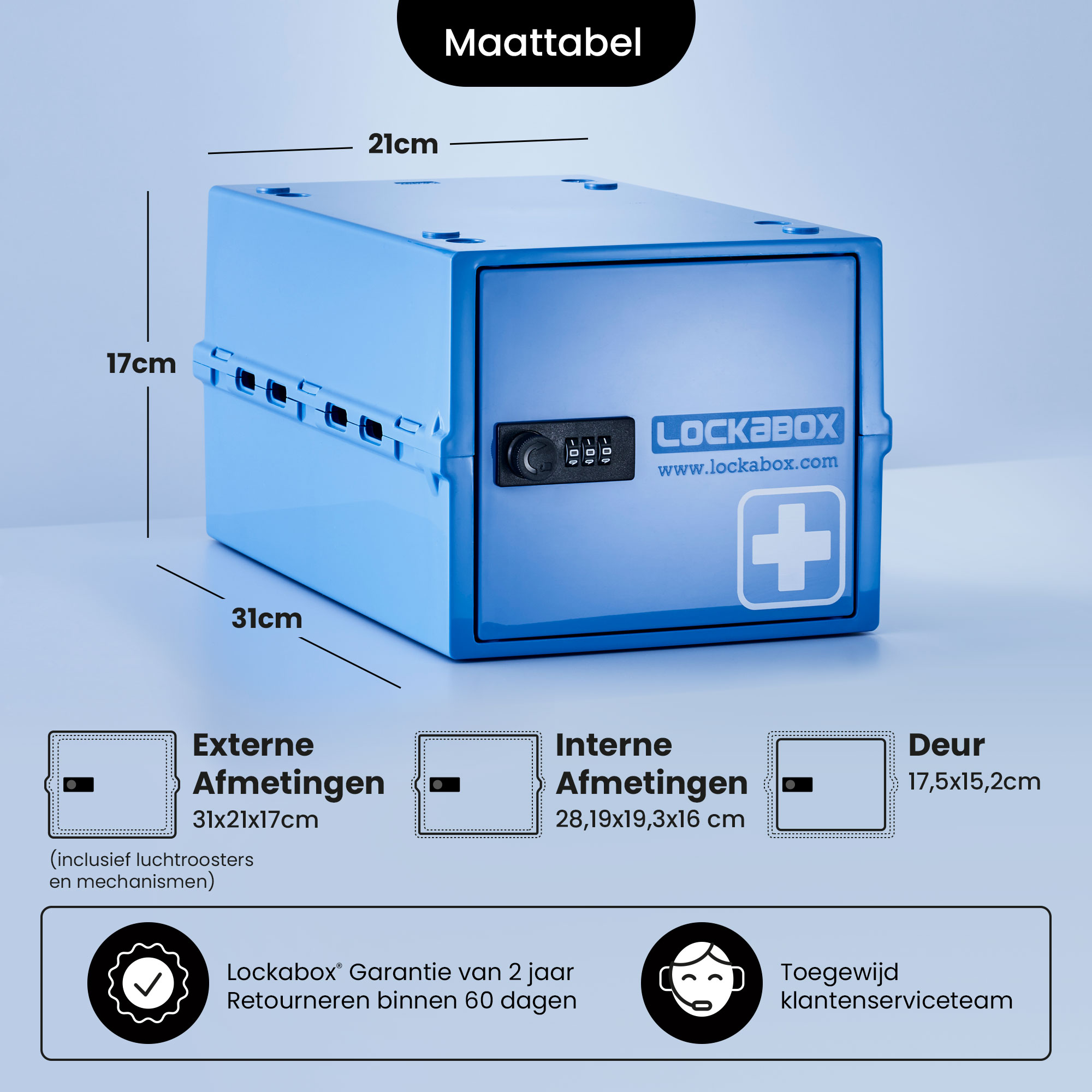 Blaue Lockbox mit Abmessungen, weißes Kreuzsymbol, mit dem Text 'Lockabox' und einer Website.