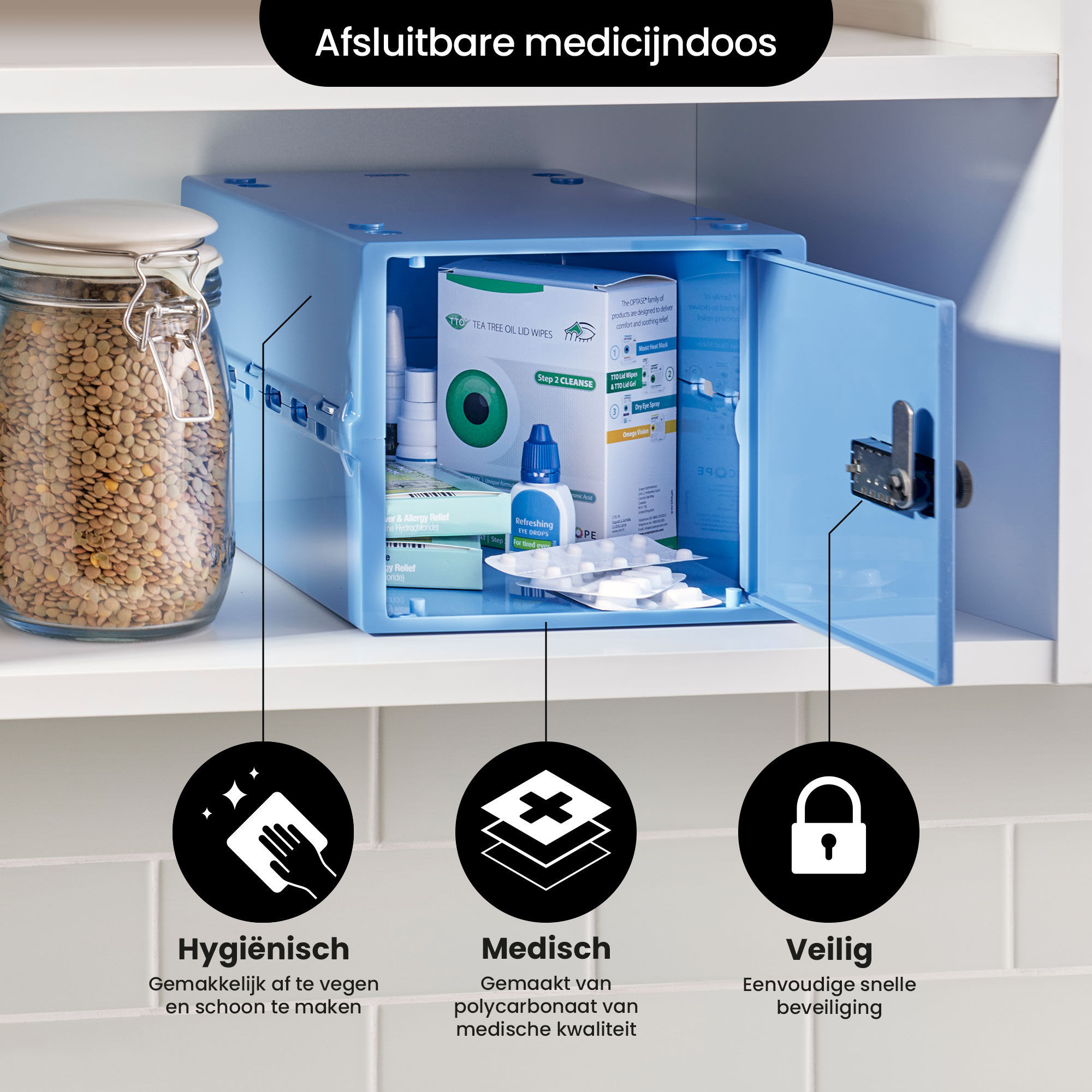 Blauer verschlossener Medizinschrank mit Gegenständen im Inneren und Etiketten: hygienisch, medizinisch, sicher.