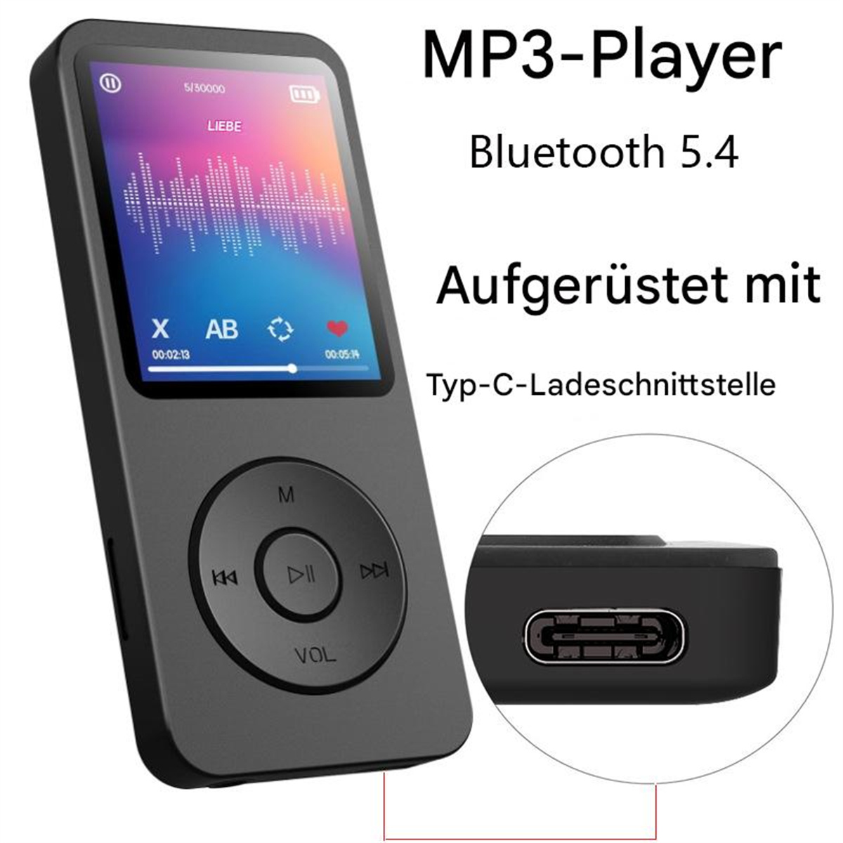 Schwarzer MP3-Player mit Bildschirm. Text auf dem Bildschirm und USB-Anschluss.
