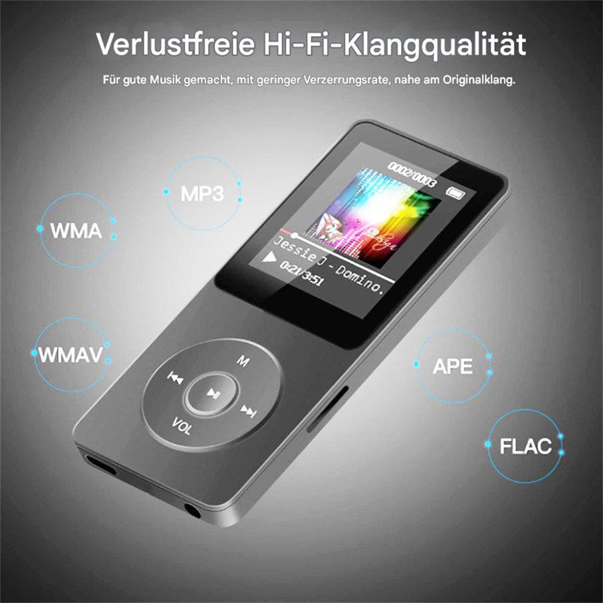 Ein silberner MP3-Player mit einem Bildschirm, der Musikinformationen und mehrere Musikformate anzeigt.