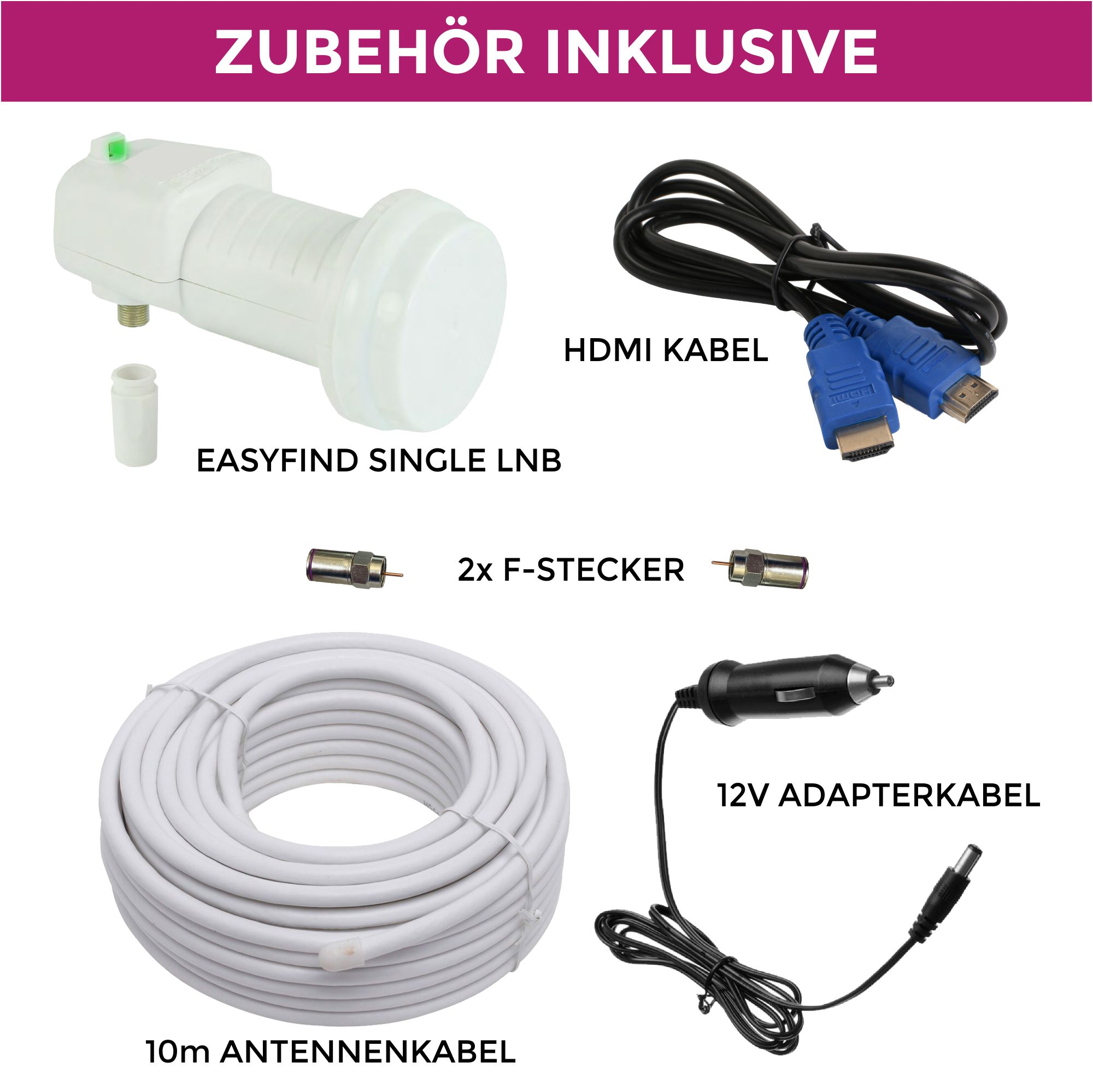 Zubehör einschließlich eines Satellitenempfängers, Kabel und Anschlüsse, auf weißem Hintergrund dargestellt.