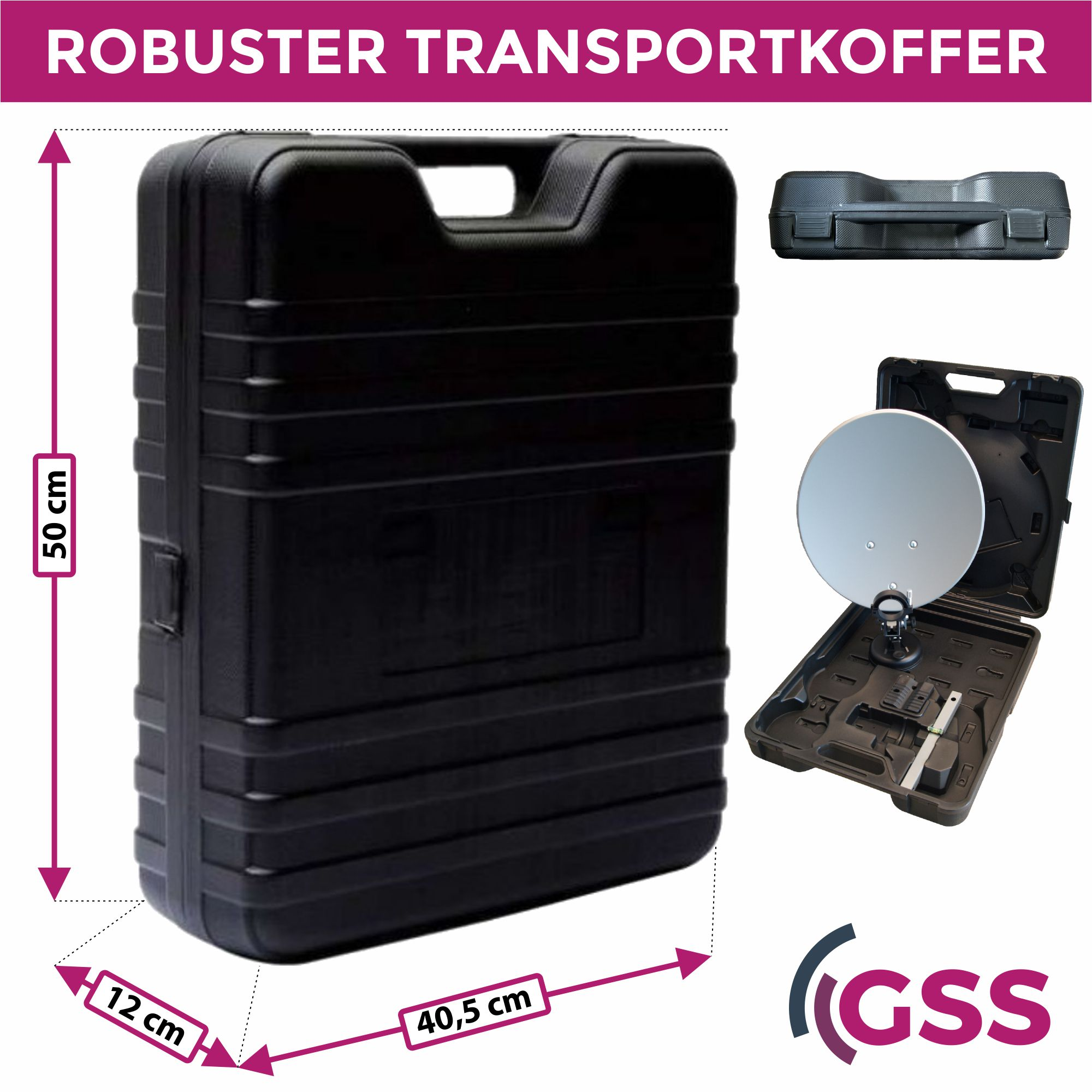 Schwarzer robuster Transportkoffer mit Abmessungen und ein geöffneter Koffer mit Satellitenschüssel drin.