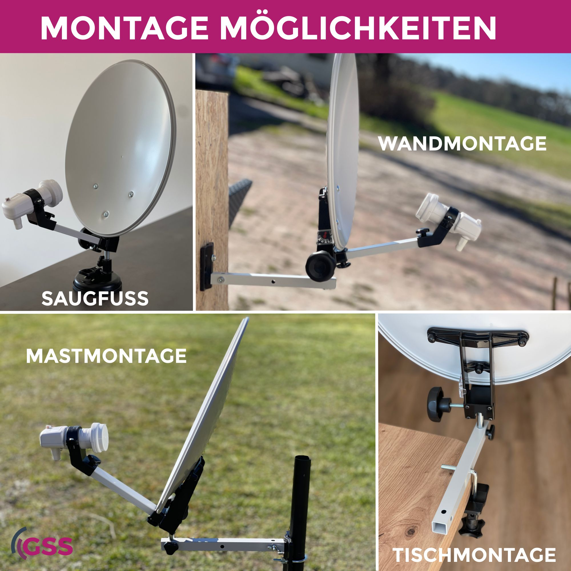 Fotos von Satellitenschüsseln und Halterungen. Verschiedene Montageoptionen werden gezeigt.