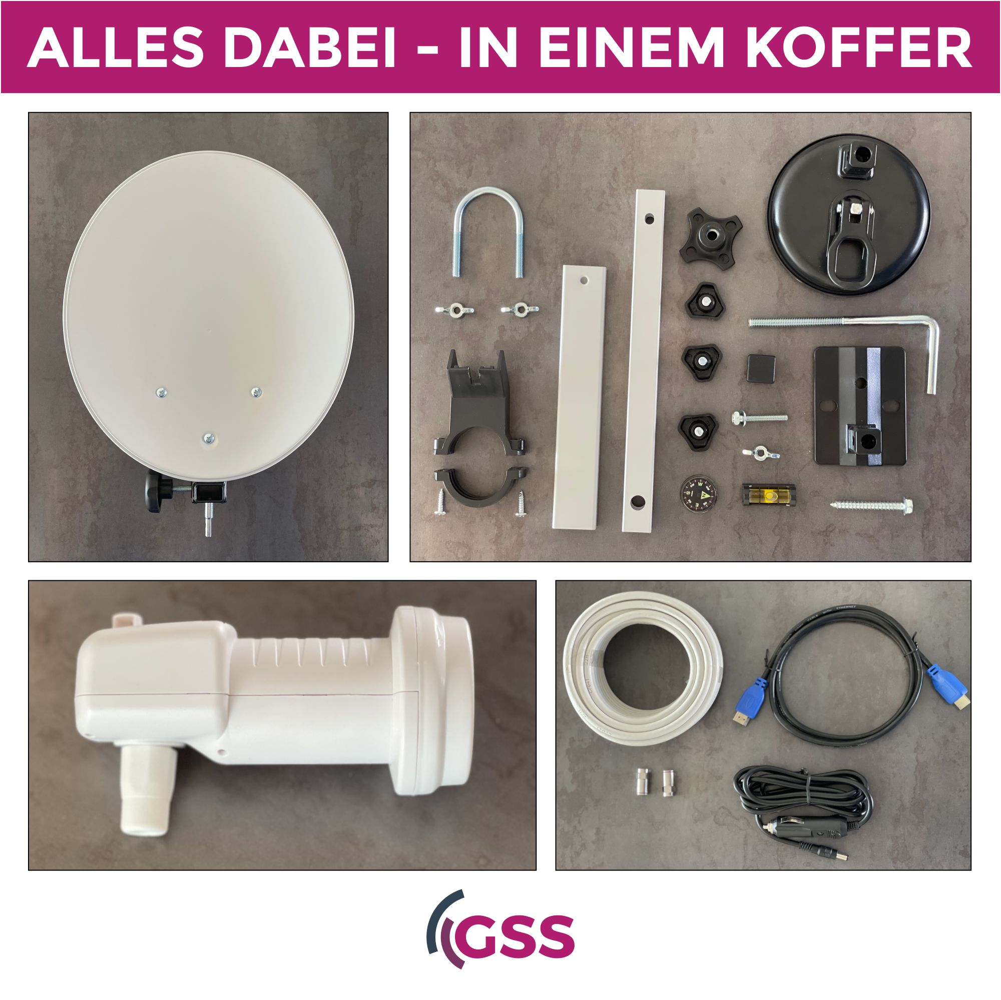 Satellitenschüssel, Komponenten und Empfänger. Weiß und Grau auf grauer Oberfläche.