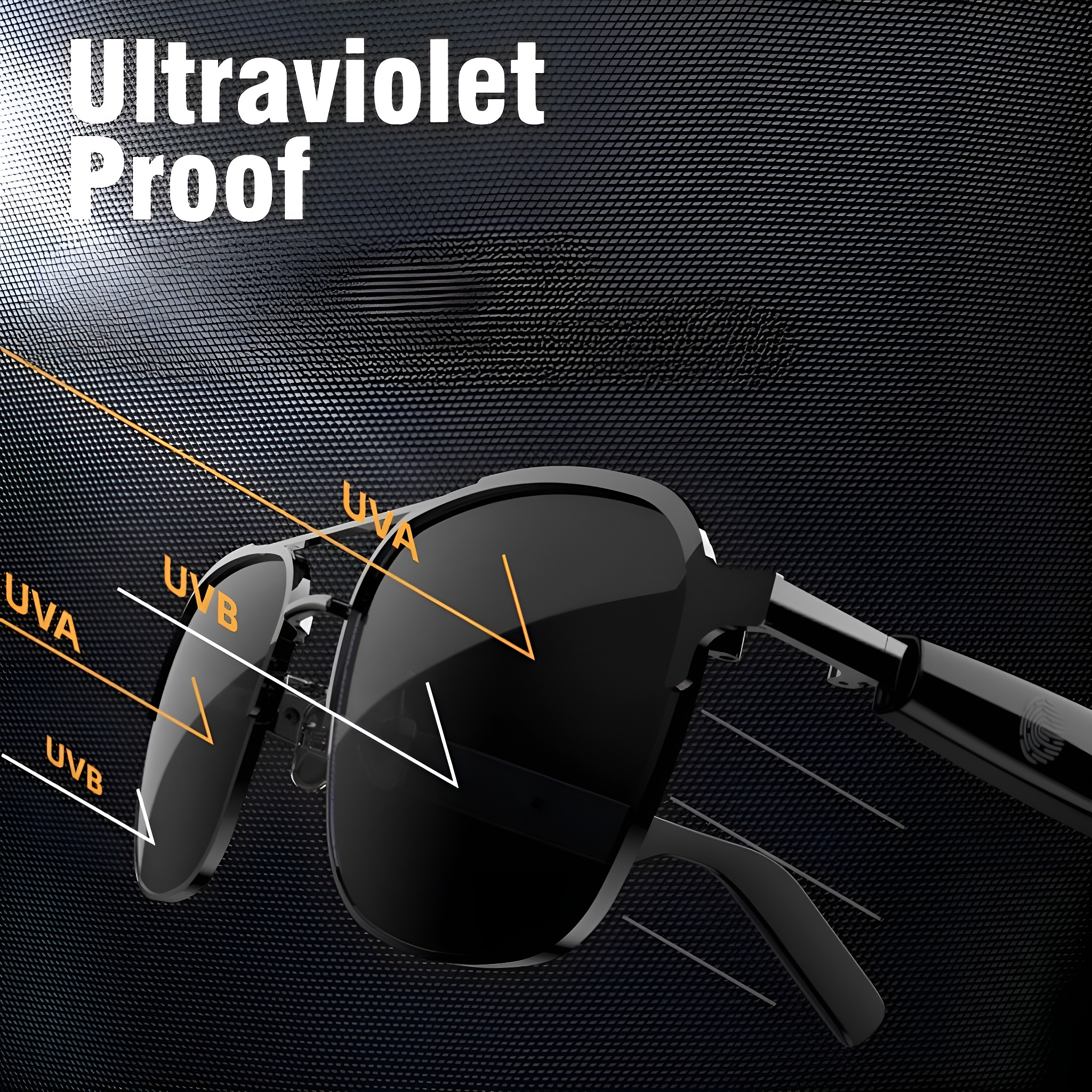 Schwarze Sonnenbrille mit weißen Pfeilen, die UV-Strahlen zeigen, vor dunklem, strukturiertem Hintergrund.
