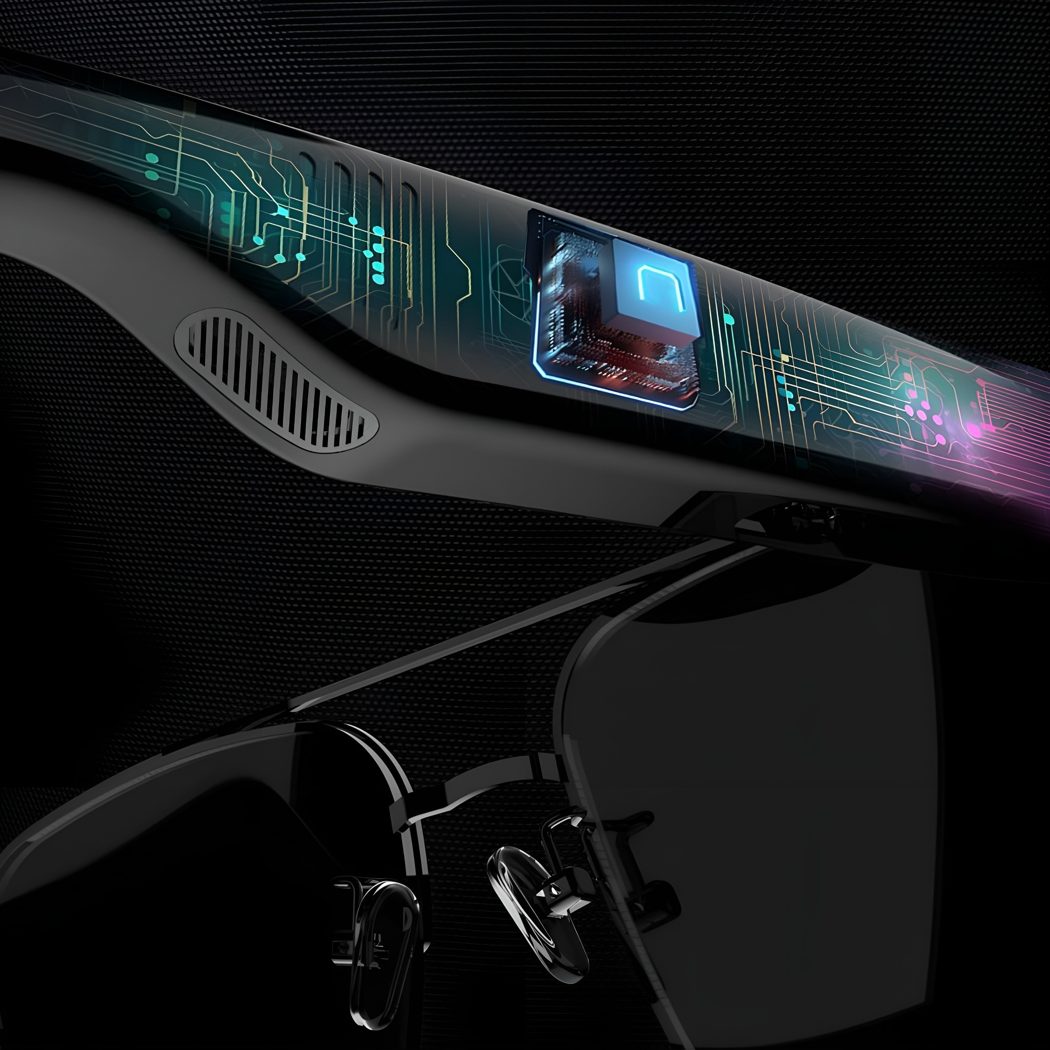 Nahaufnahme einer Smartbrille mit Leiterplattendesign am Rahmen, das die Technologie hervorhebt.