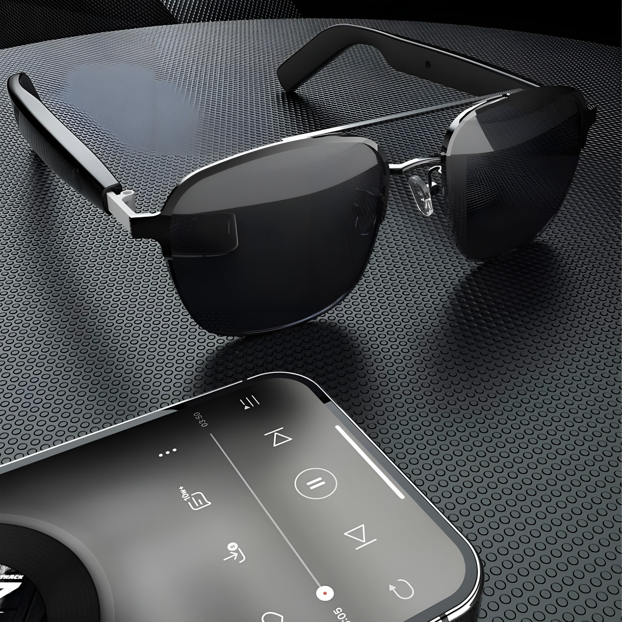 Schwarze Sonnenbrille und Smartphone. Telefon zeigt Musik-Player-Oberfläche.