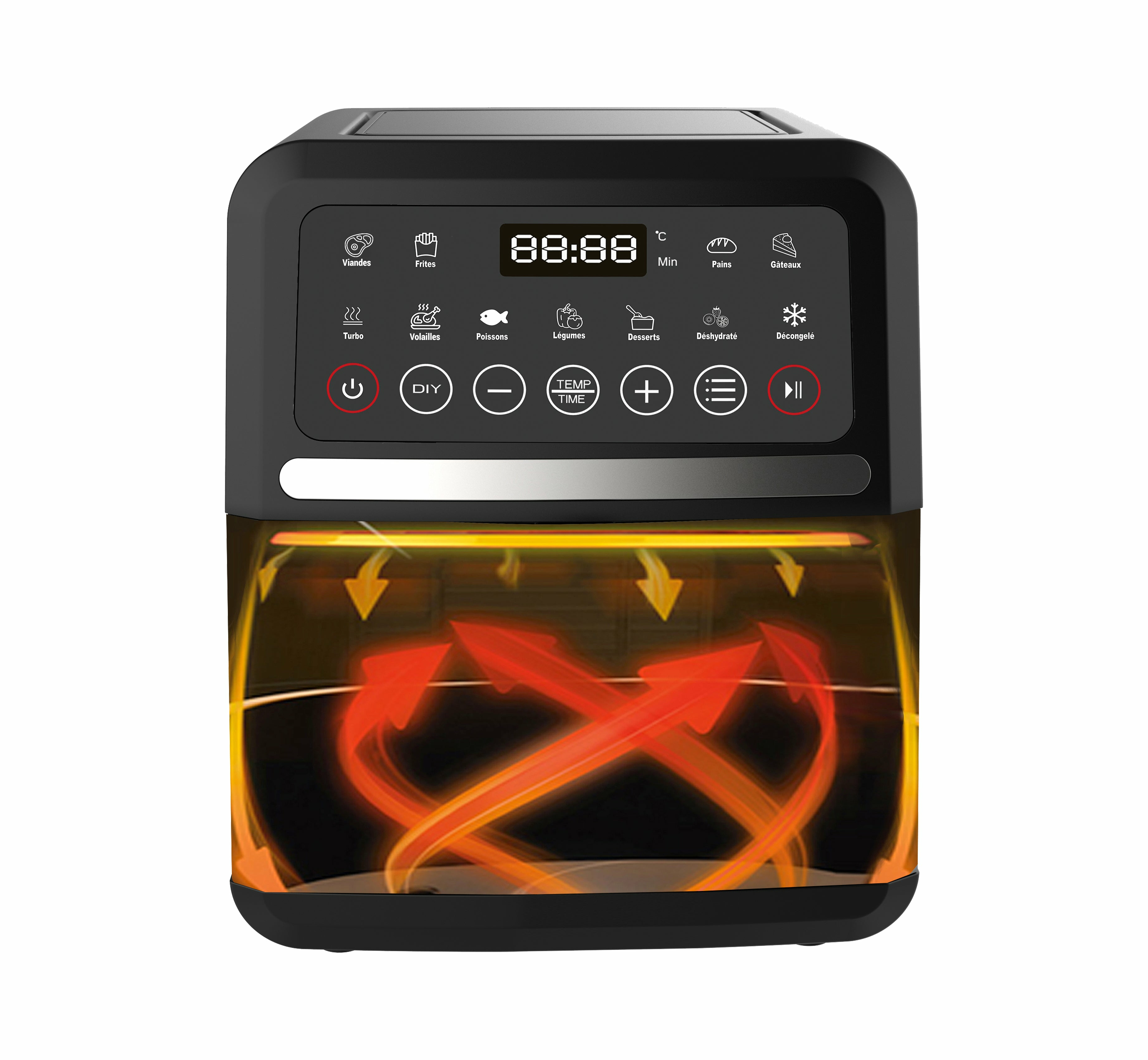 Frytownica beztłuszczowa z wyświetlaczem cyfrowym i opcjami gotowania, z pomarańczowymi strzałkami wskazującymi przepływ powietrza.