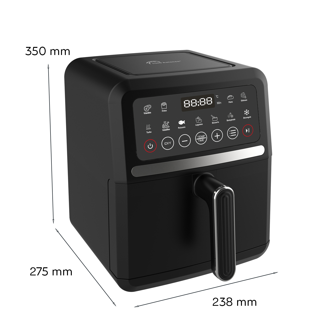 Czarna frytownica powietrzna z wymiarami. Wymiary 350mm x 275mm x 238mm. Przyciski z przodu.