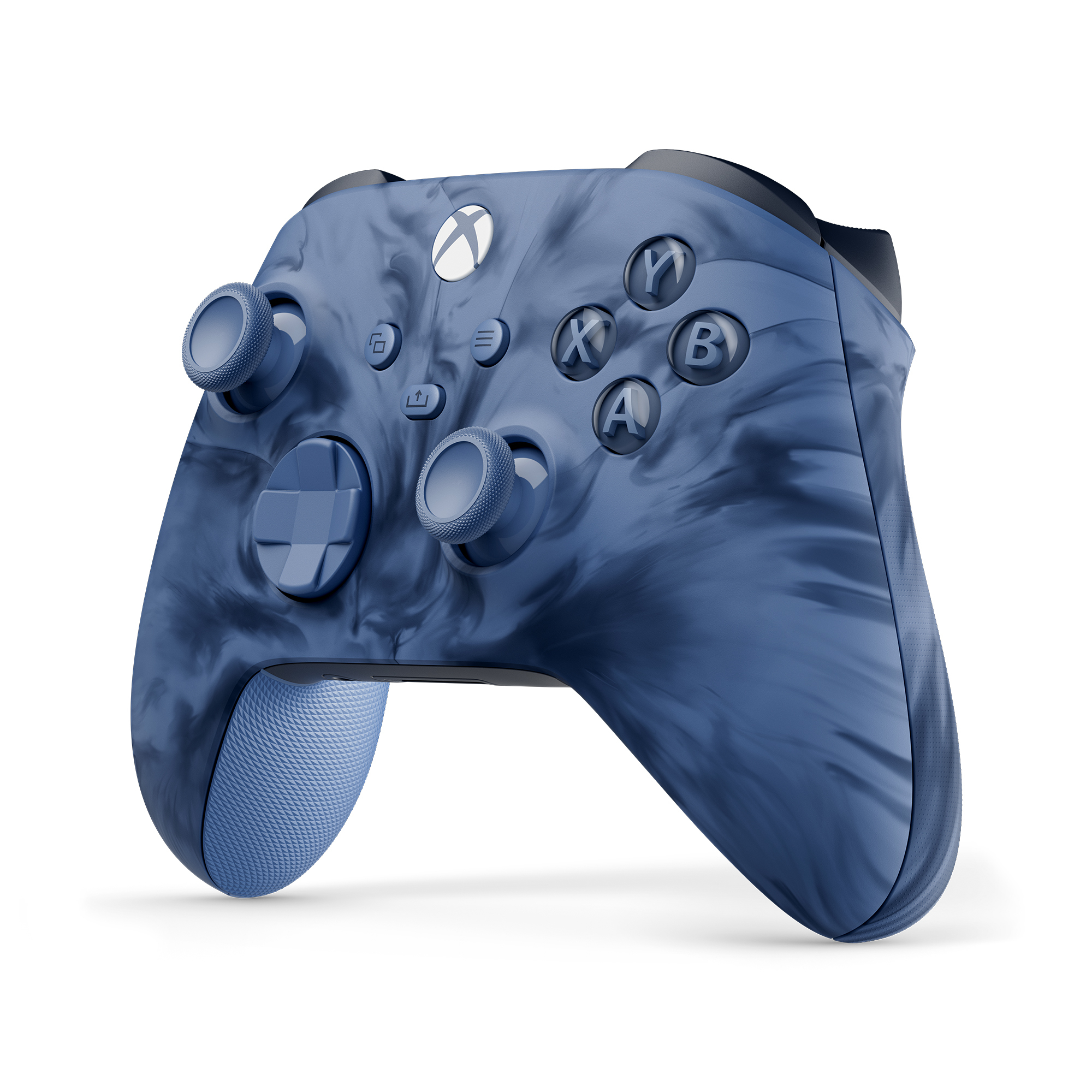 Blau-grauer Xbox-Controller mit abstraktem Design. Er hat Tasten mit den Bezeichnungen X, Y, A und B.