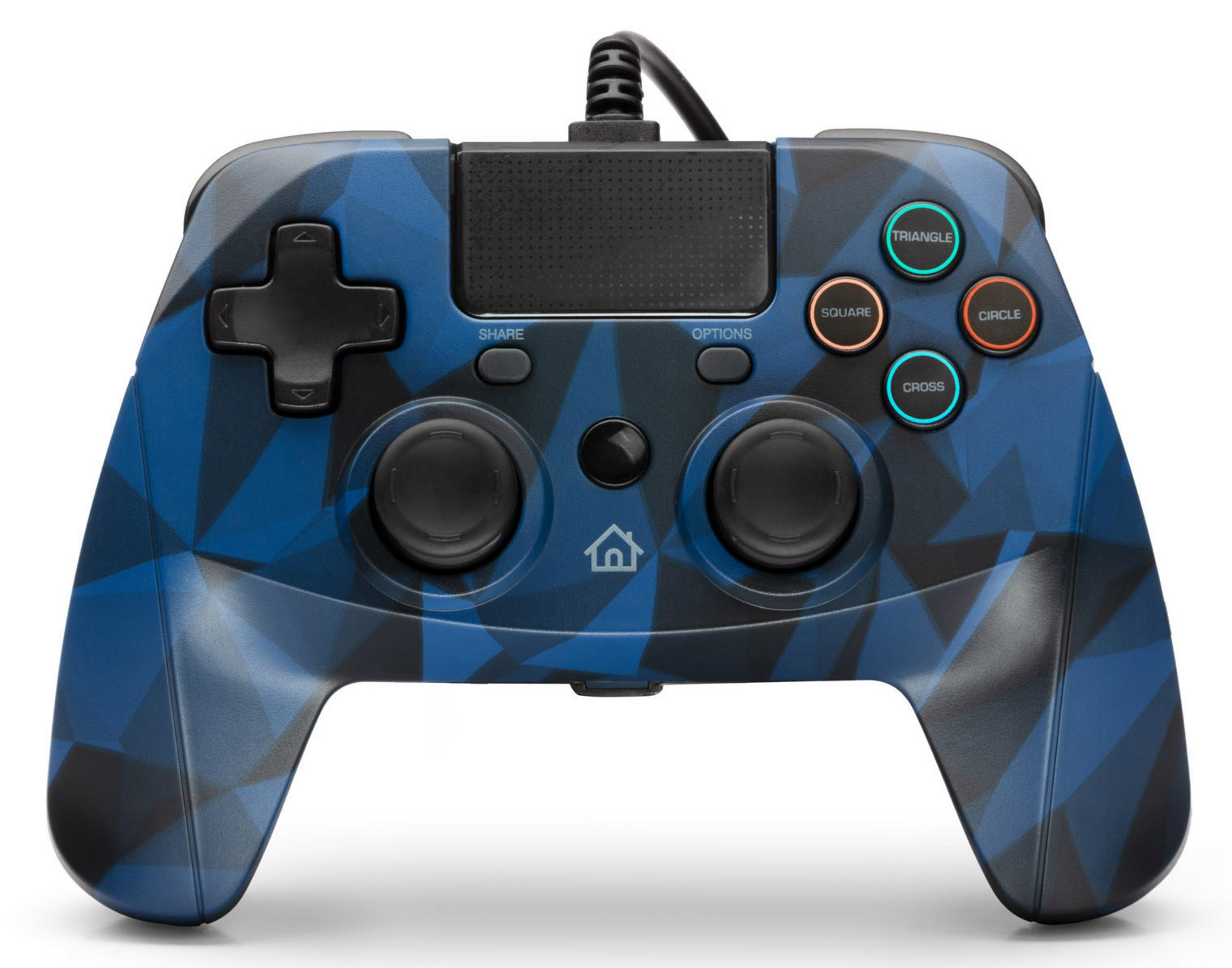 Ein blau-schwarzes Gamepad mit Knöpfen und Joysticks, entworfen für Gaming, isoliert auf einem weißen Hintergrund.