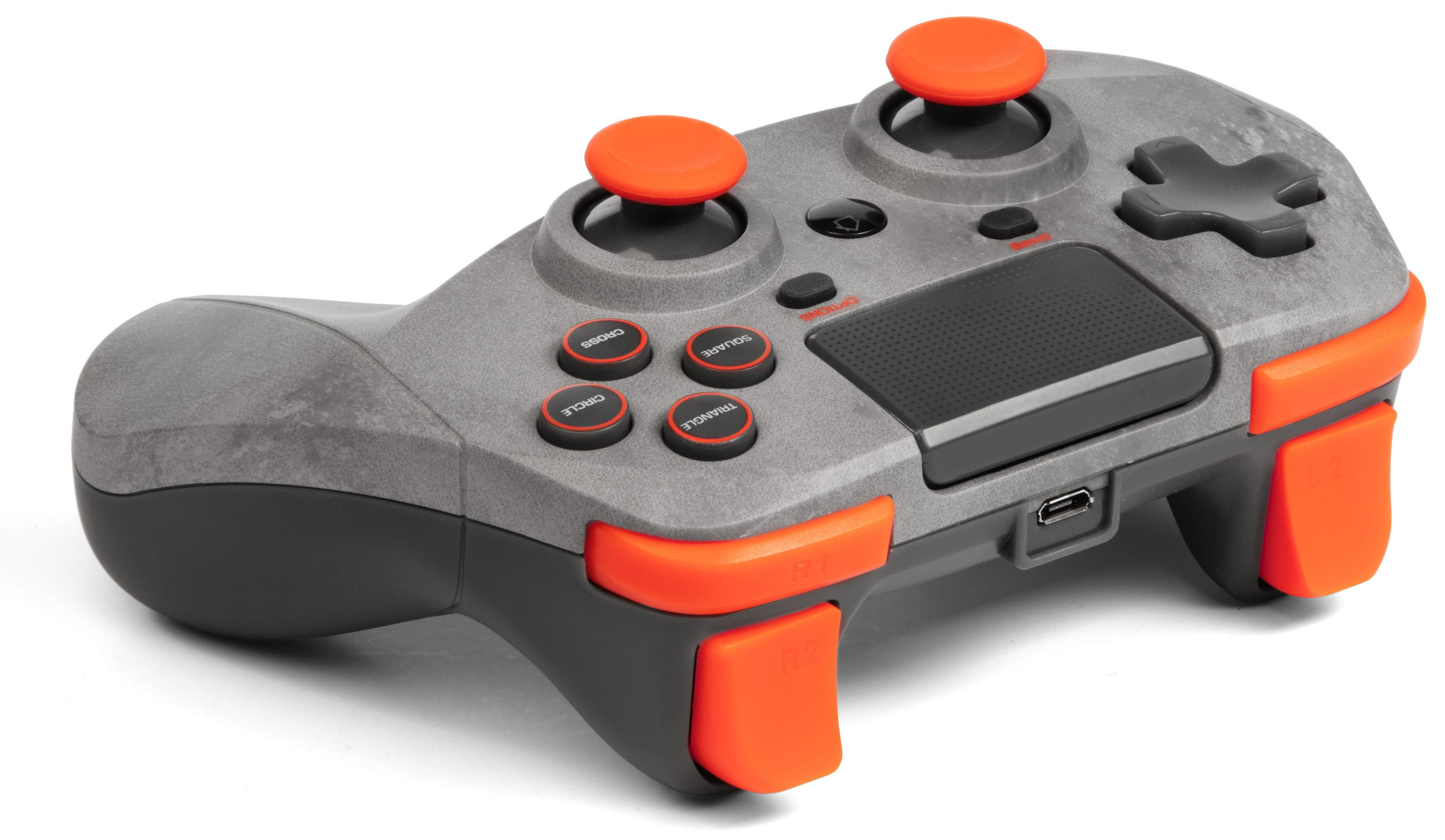 Grau-oranger Gamecontroller mit Tasten und einem USB-Anschluss.
