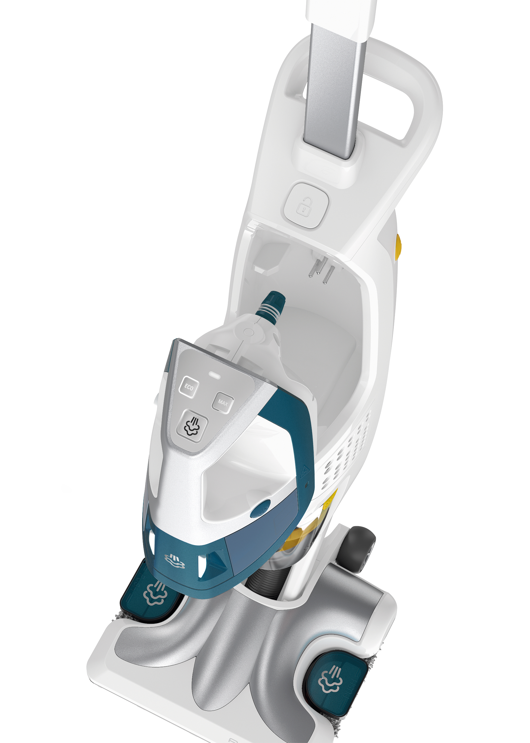 Biało-niebieski odkurzacz z uchwytem. Widoczne przyciski, zbiornik i głowica szczotki.