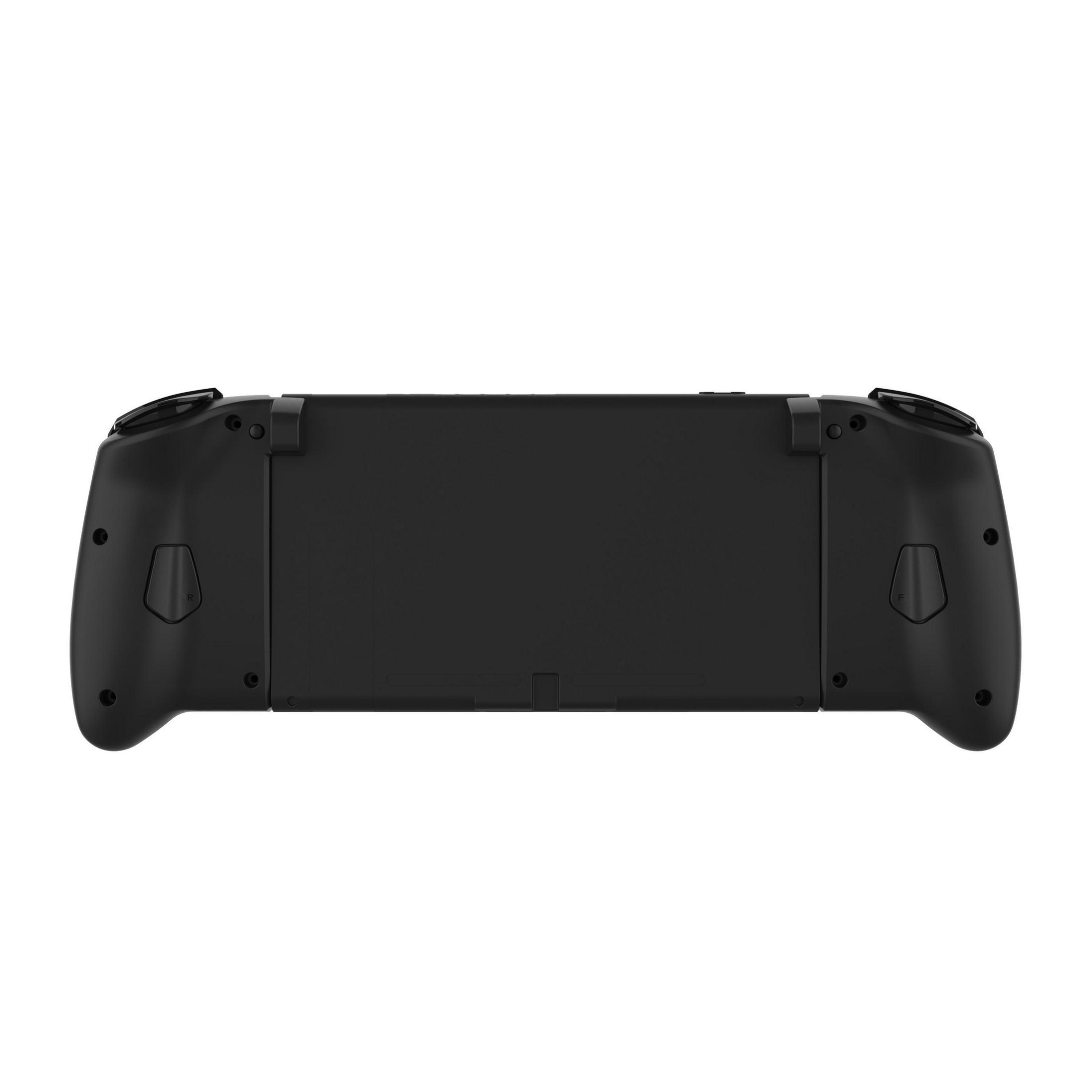 Schwarzer Gamecontroller. Zwei Griffe mit Knöpfen. Knöpfe auf der Vorderseite.