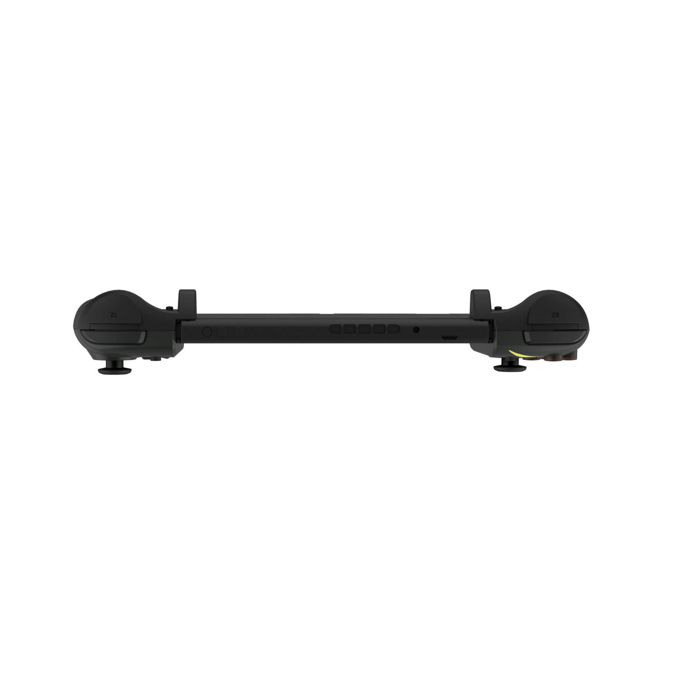 Ein schwarzer Controller für eine Switch, mit zwei Joystick-Bedienelementen und Knöpfen auf jeder Seite, von oben gesehen.