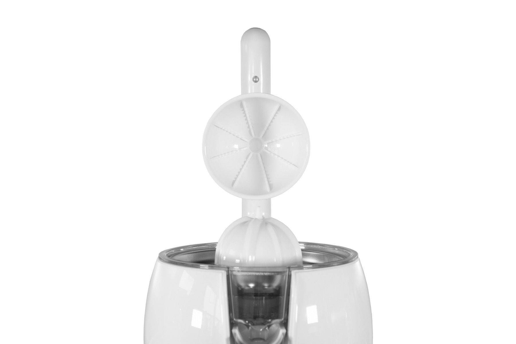 Spremiagrumi bianco con sezioni superiori e inferiori visibili su sfondo bianco.