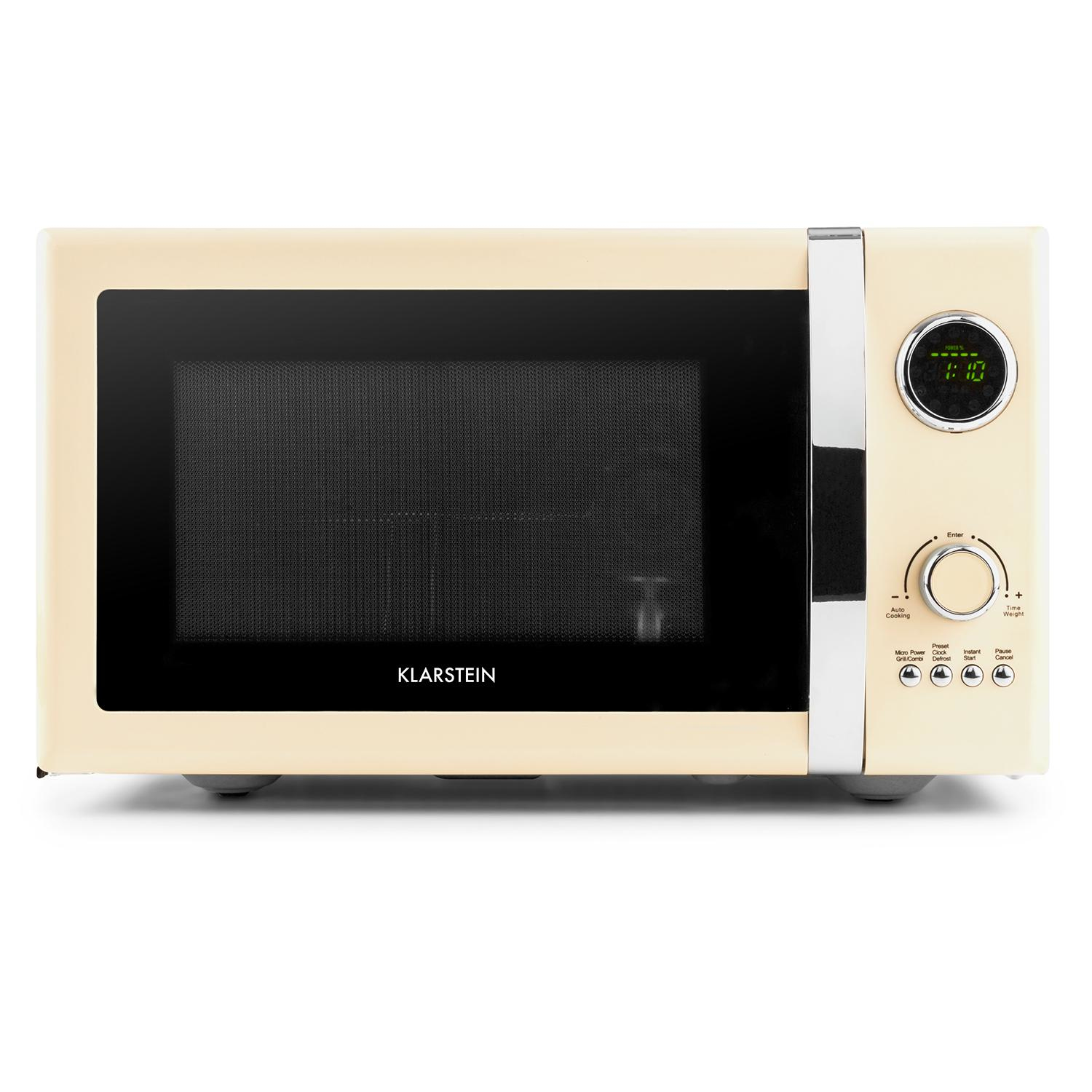 Horno microondas color crema con pantalla digital y panel de control.