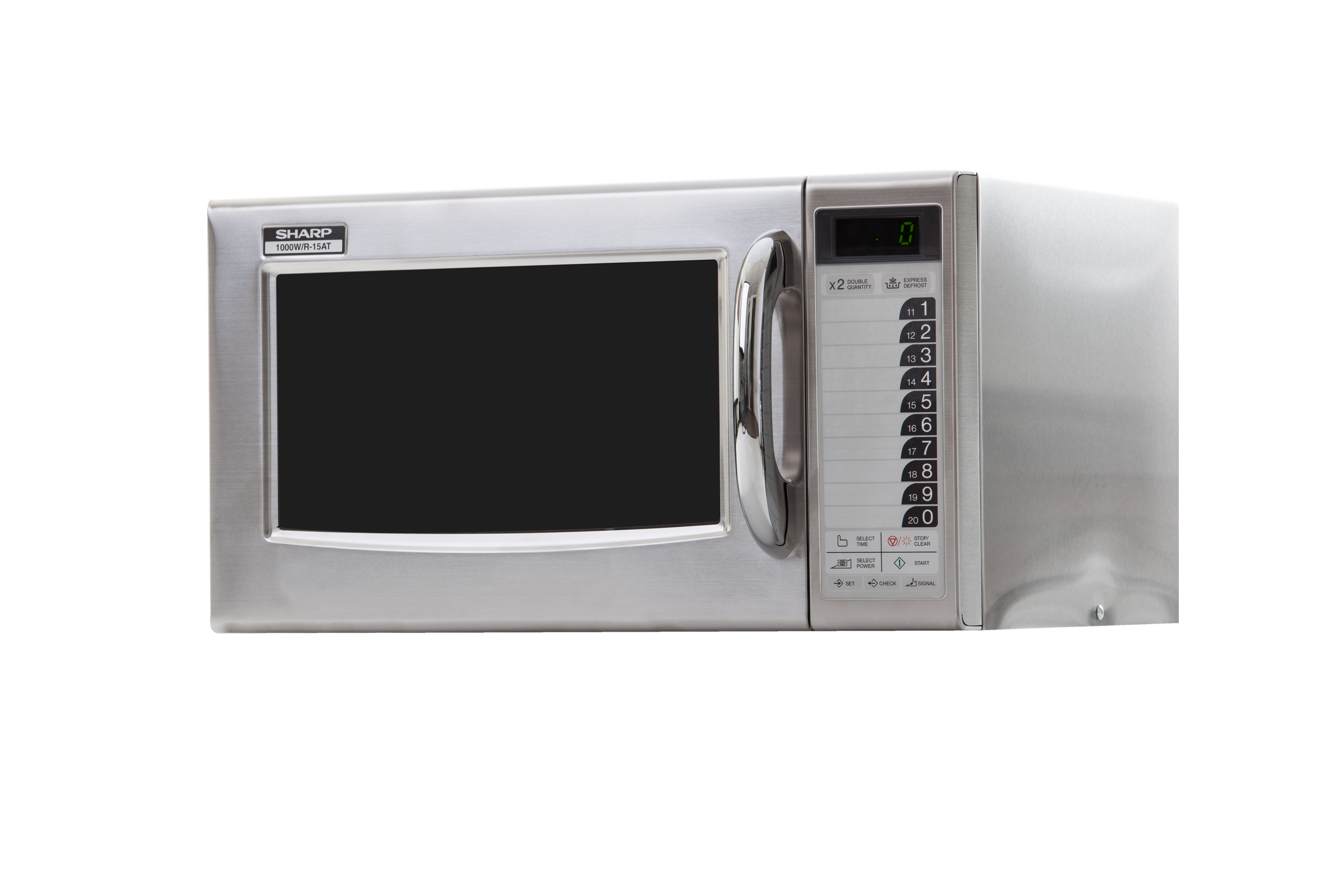 Srebrna kuchenka mikrofalowa Sharp z wyświetlaczem cyfrowym i panelem sterowania po prawej stronie.
