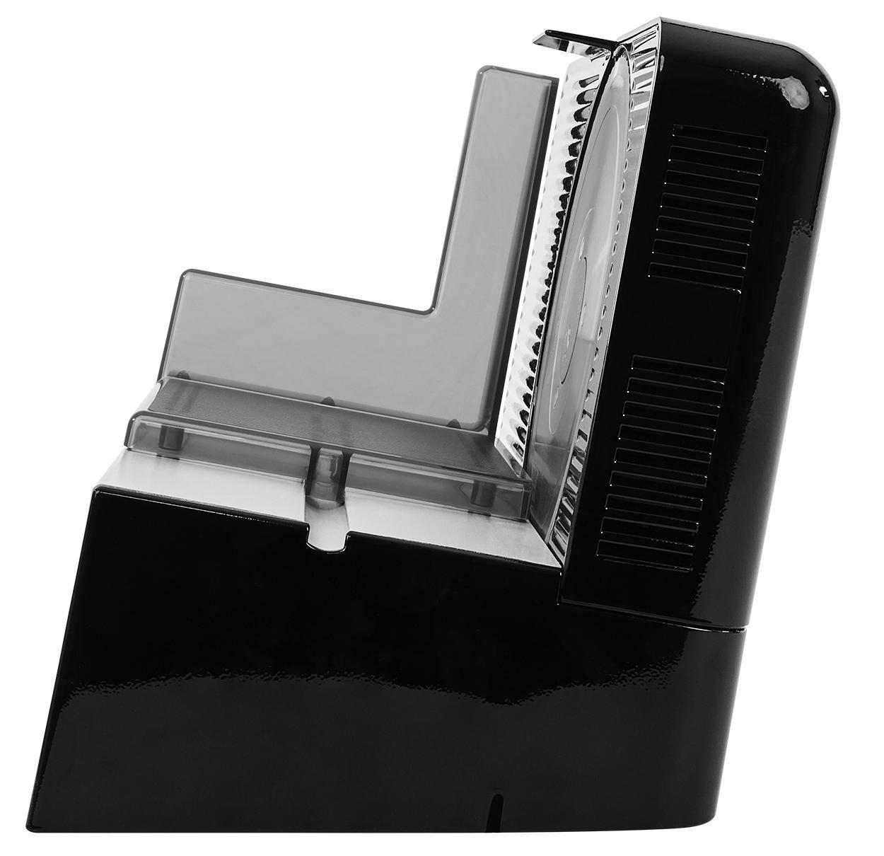 Czarna krajalnica do żywności. Posiada czarny korpus, przezroczysty plastikowy uchwyt na żywność i ostrze.