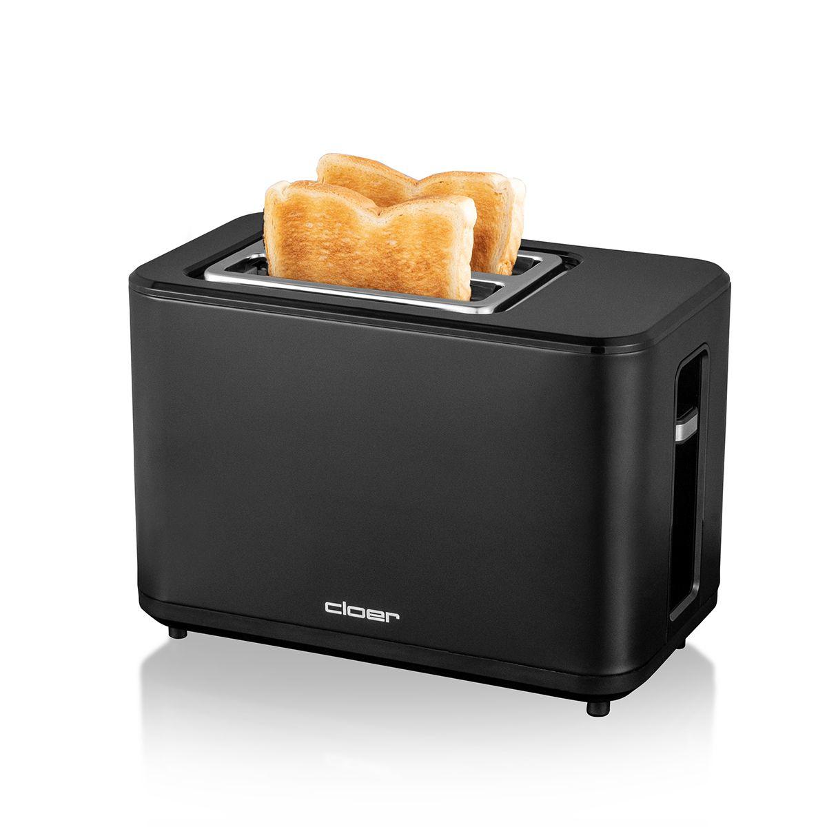 Schwarzer Toaster mit zwei Toastbrotscheiben. Weißer Hintergrund.