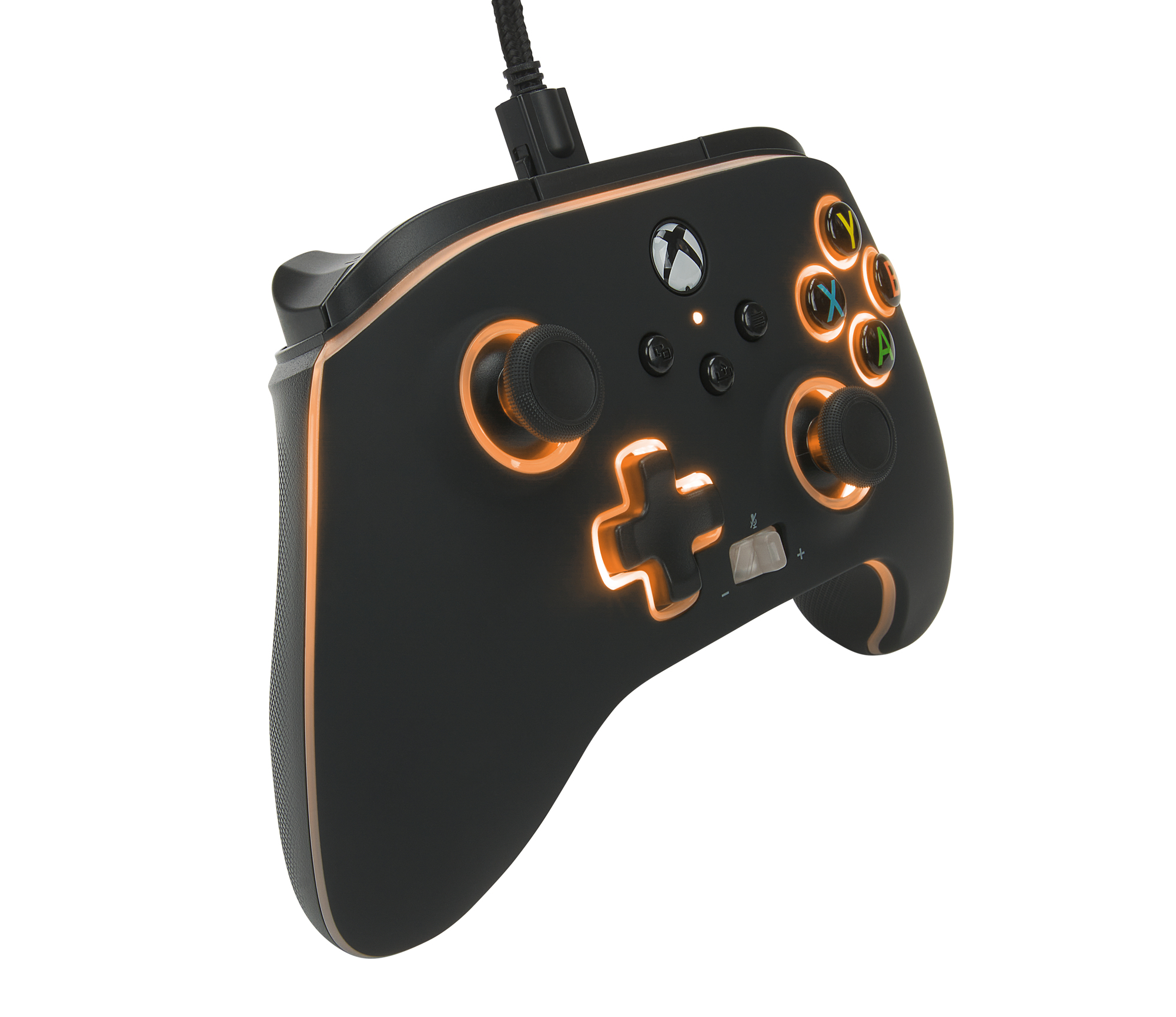 Schwarzer Xbox-Controller mit orangefarbenen Akzenten. Orangefarbene Knöpfe und Joystick-Ringe.