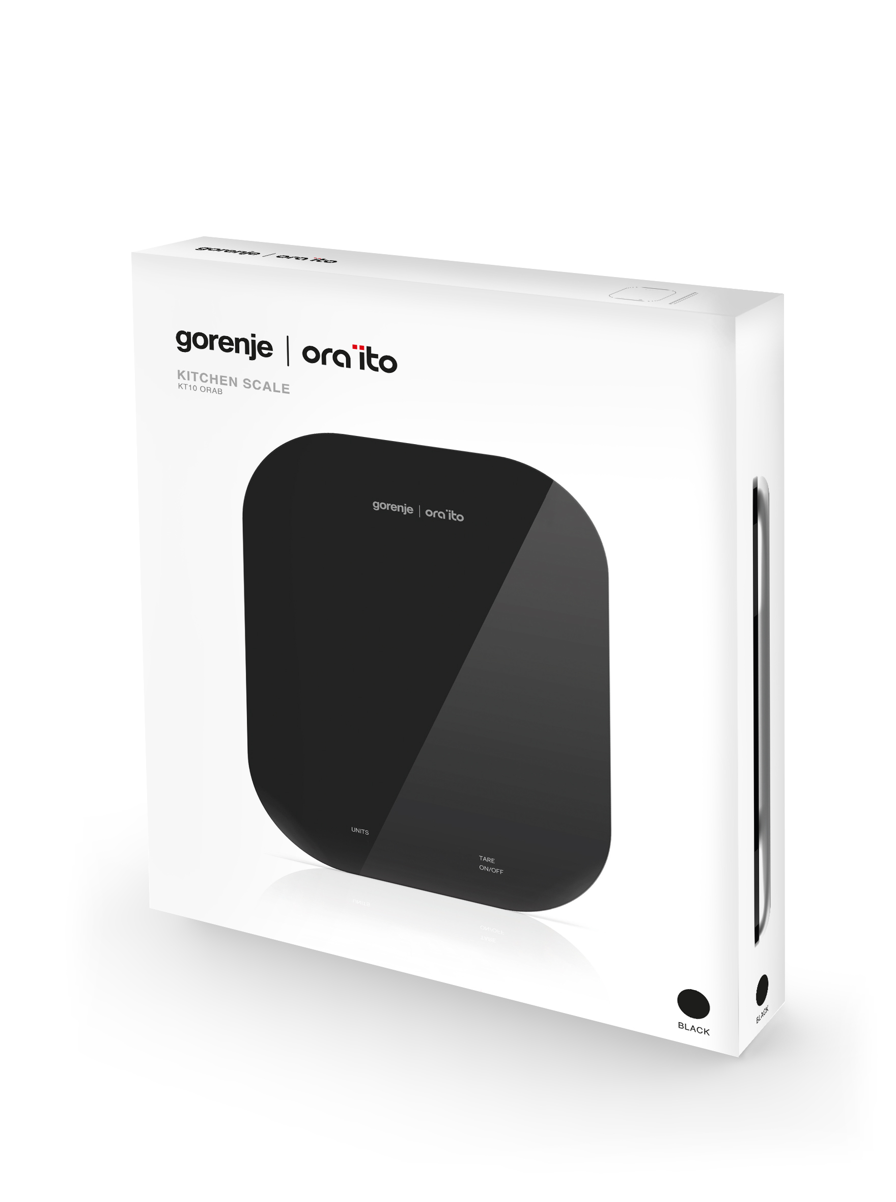 Eine weiße Box mit einer schwarzen Küchenwaage. Auf der Vorderseite stehen die Marke und ein Produktname.