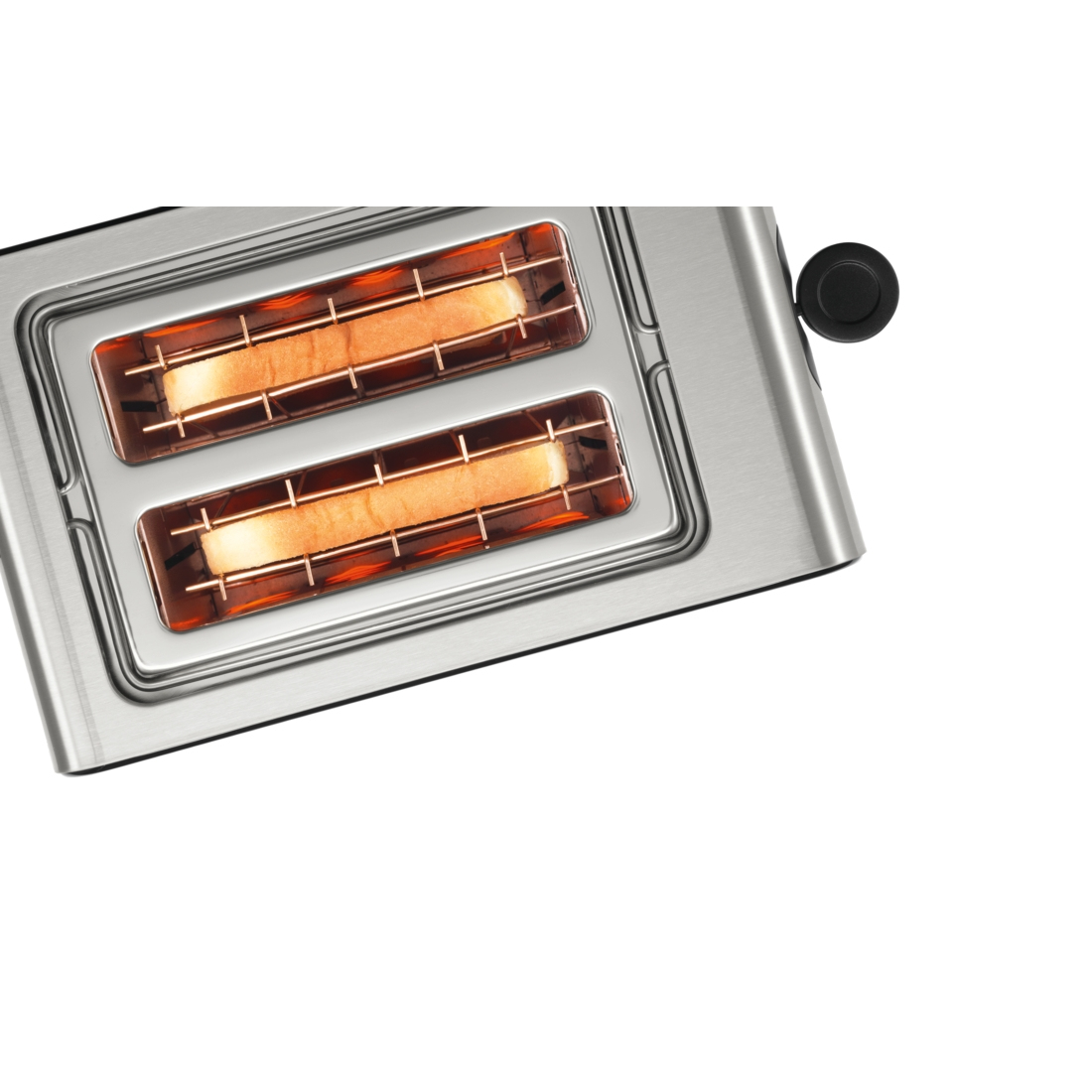 Nahaufnahme eines silbernen Toasters mit zwei Schlitzen, die jeweils Toastbrot enthalten.