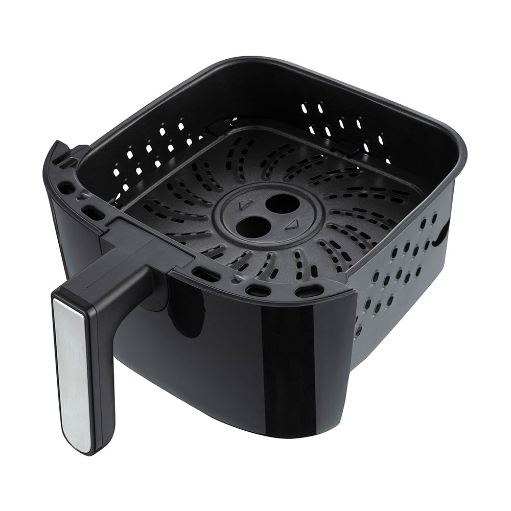 Cestello per friggitrice ad aria nero con maniglia laterale. L'interno ha un design circolare.