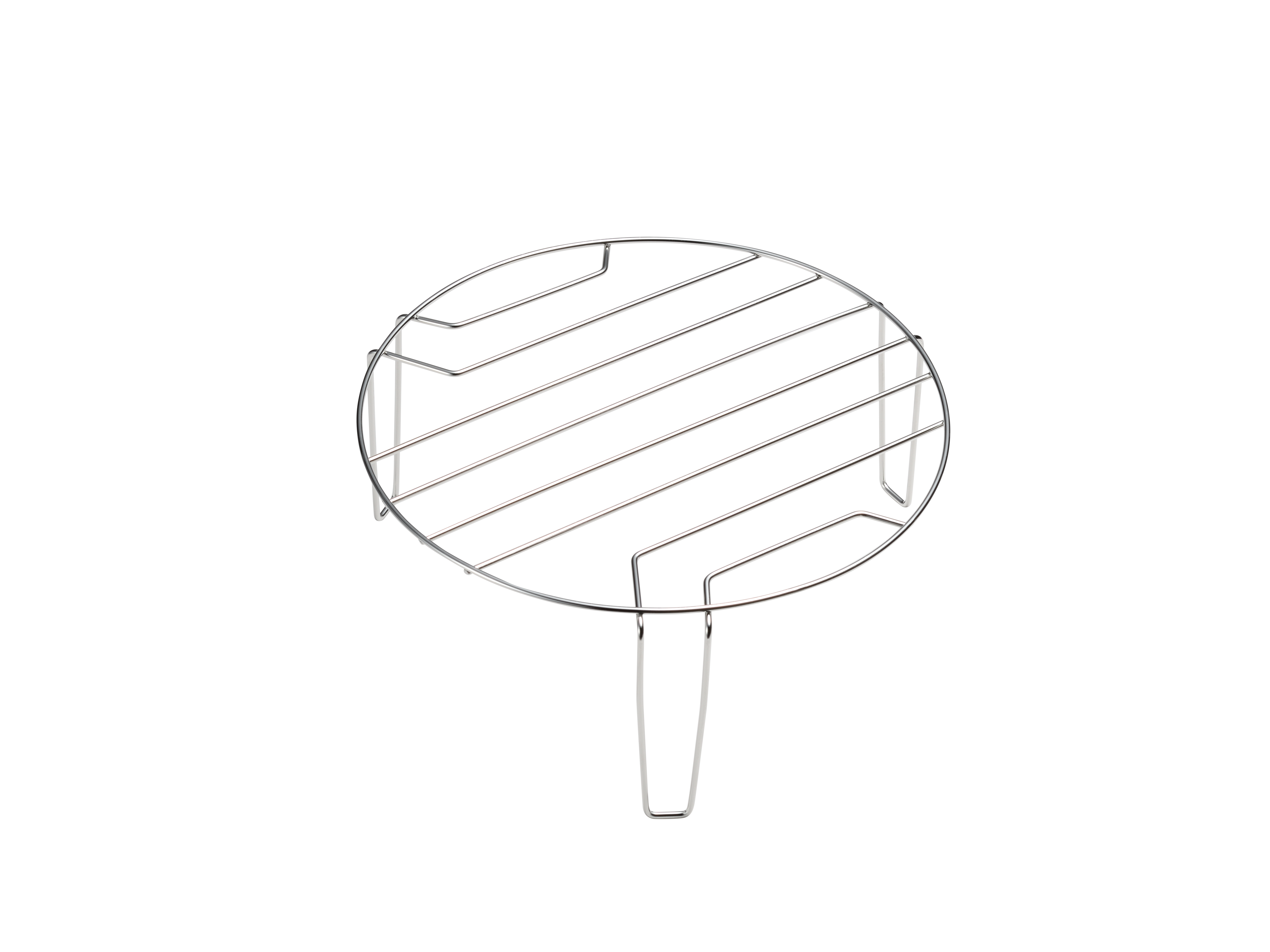 Okrągły, nierdzewny ruszt do kuchenki mikrofalowej. Jest to metalowa kratka z uchwytem na dole.