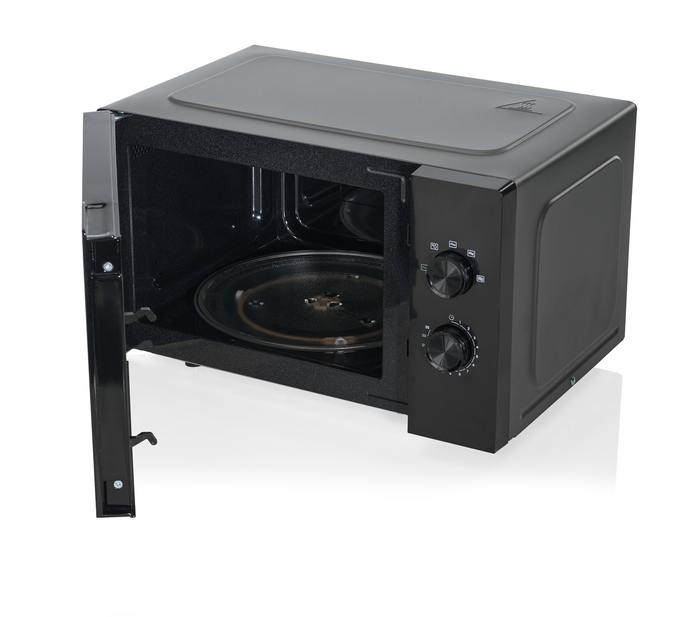 Horno microondas negro, puerta abierta, mostrando el interior, aislado sobre fondo blanco.