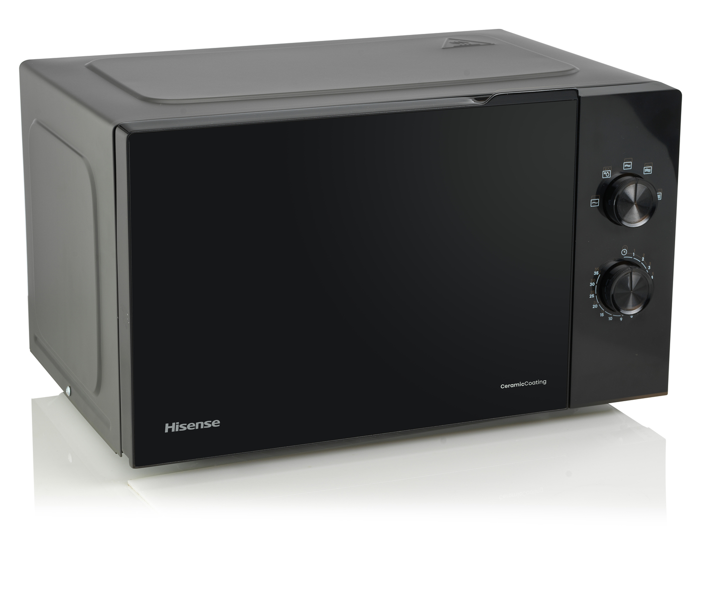 Un microondas Hisense negro, con puerta sin asa y dos mandos de control en el lado derecho.