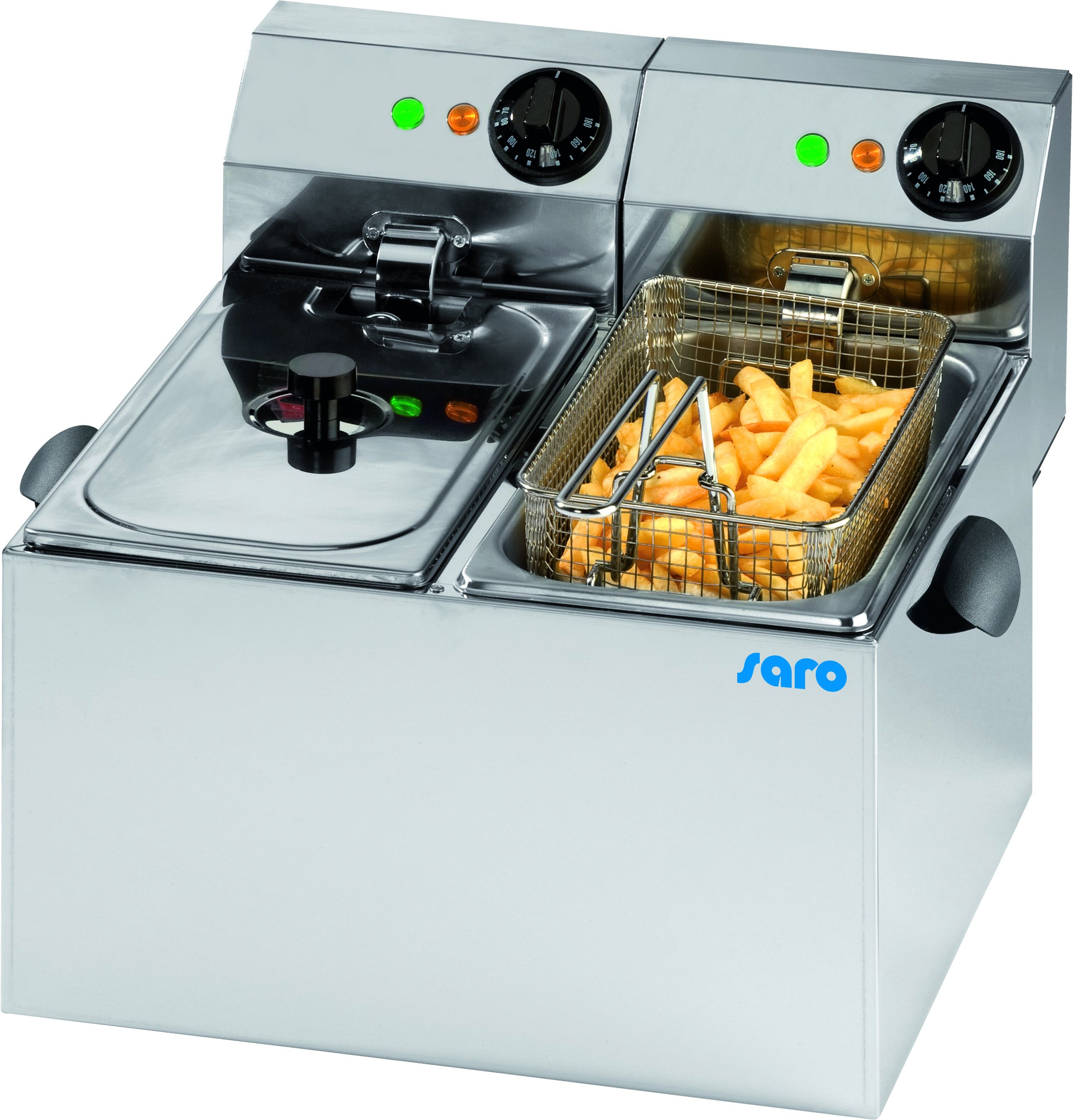 Una friggitrice professionale in acciaio inossidabile con due vasche, una con patatine fritte e l'altra chiusa.