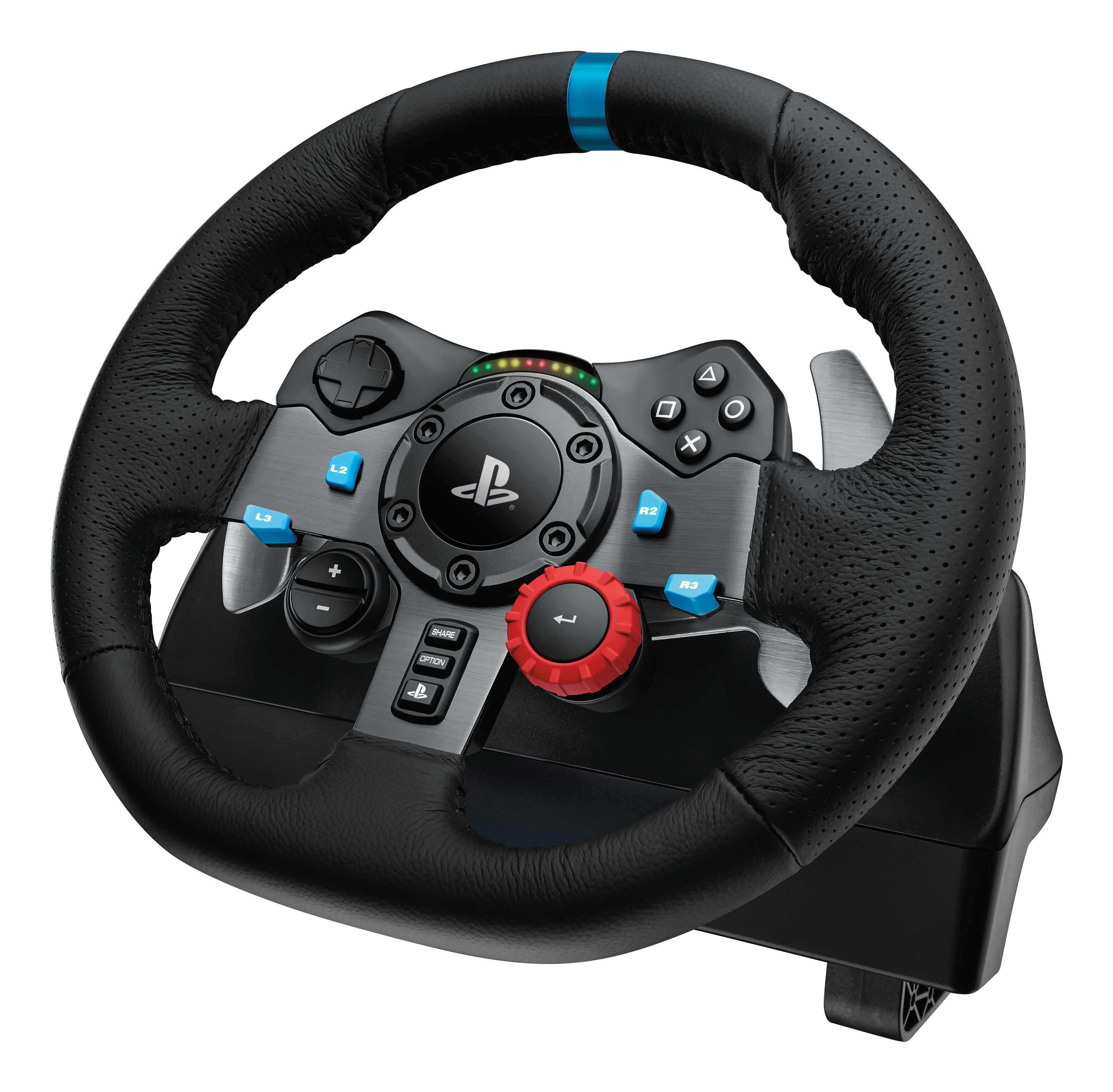 Een zwart en zilveren gaming-stuurwiel met knoppen en een blauw accent.