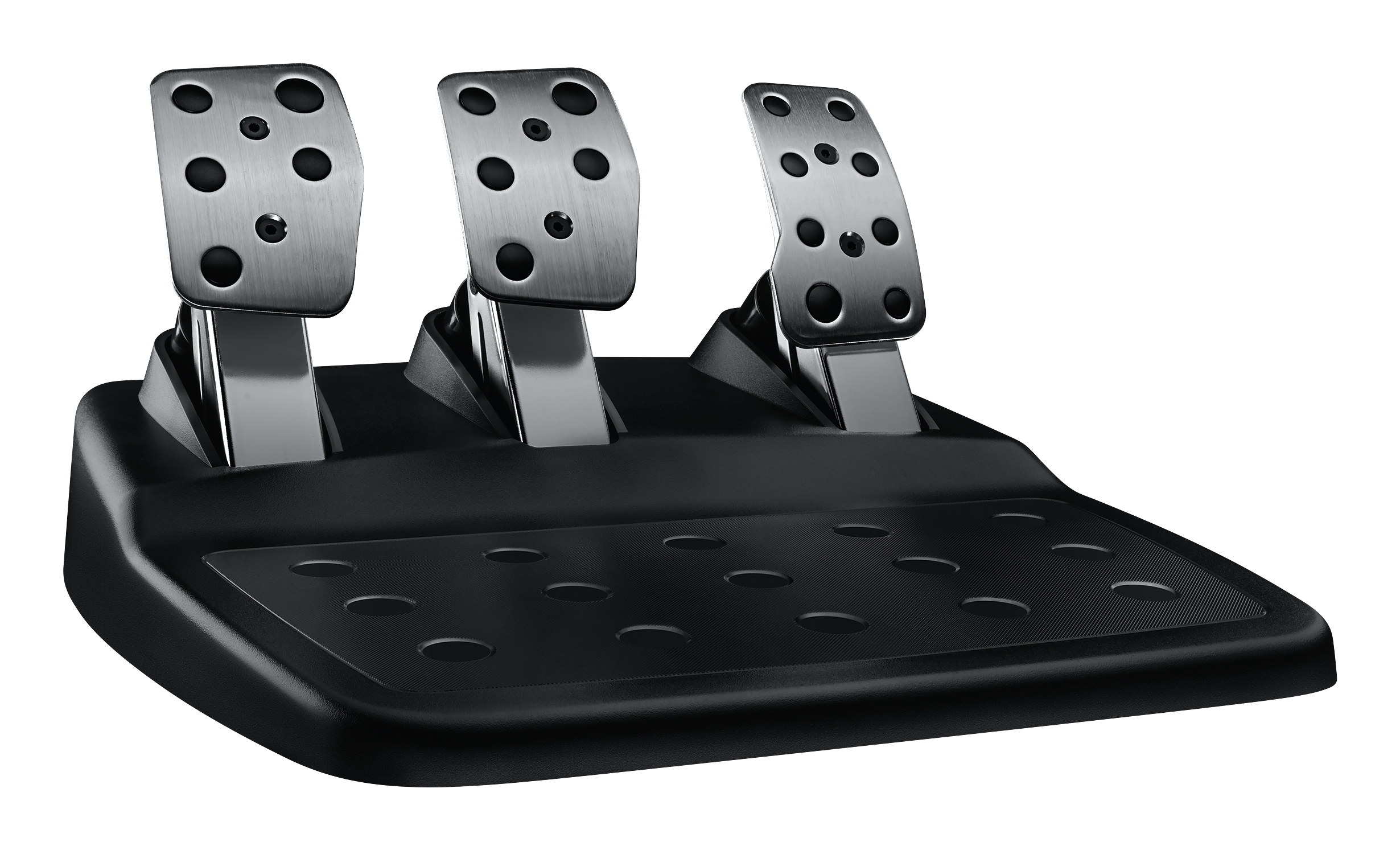Zwarte gamepedalen met drie metalen voetpedalen.