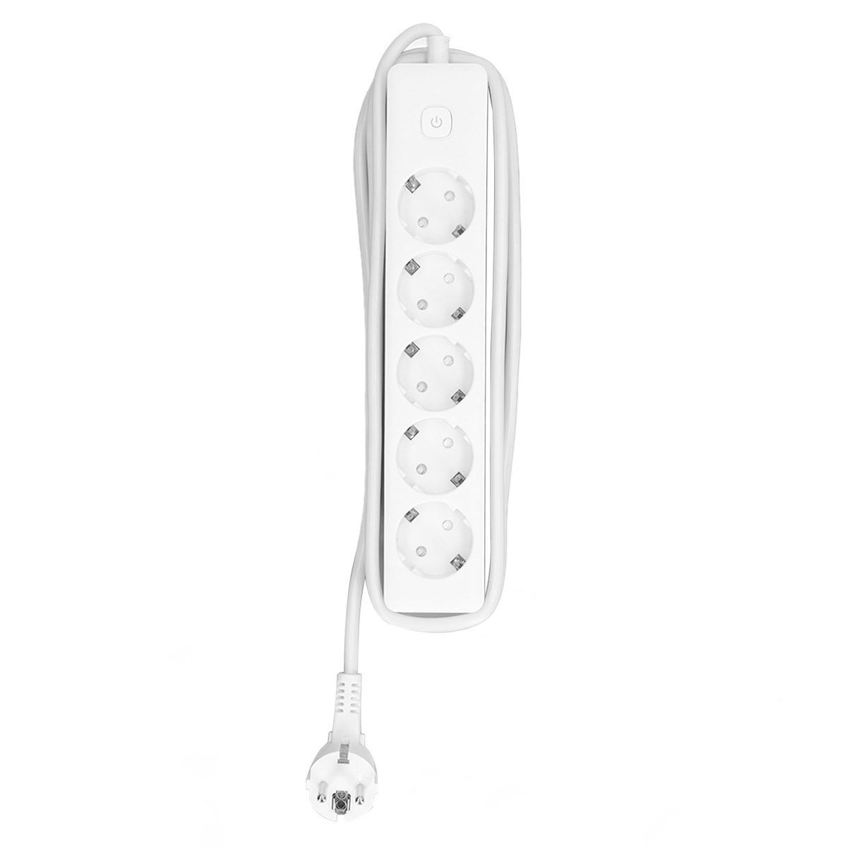 Weiße Steckdosenleiste mit fünf Steckdosen. Weißes Kabel und Stecker. Ein/Aus-Taste am Ende.