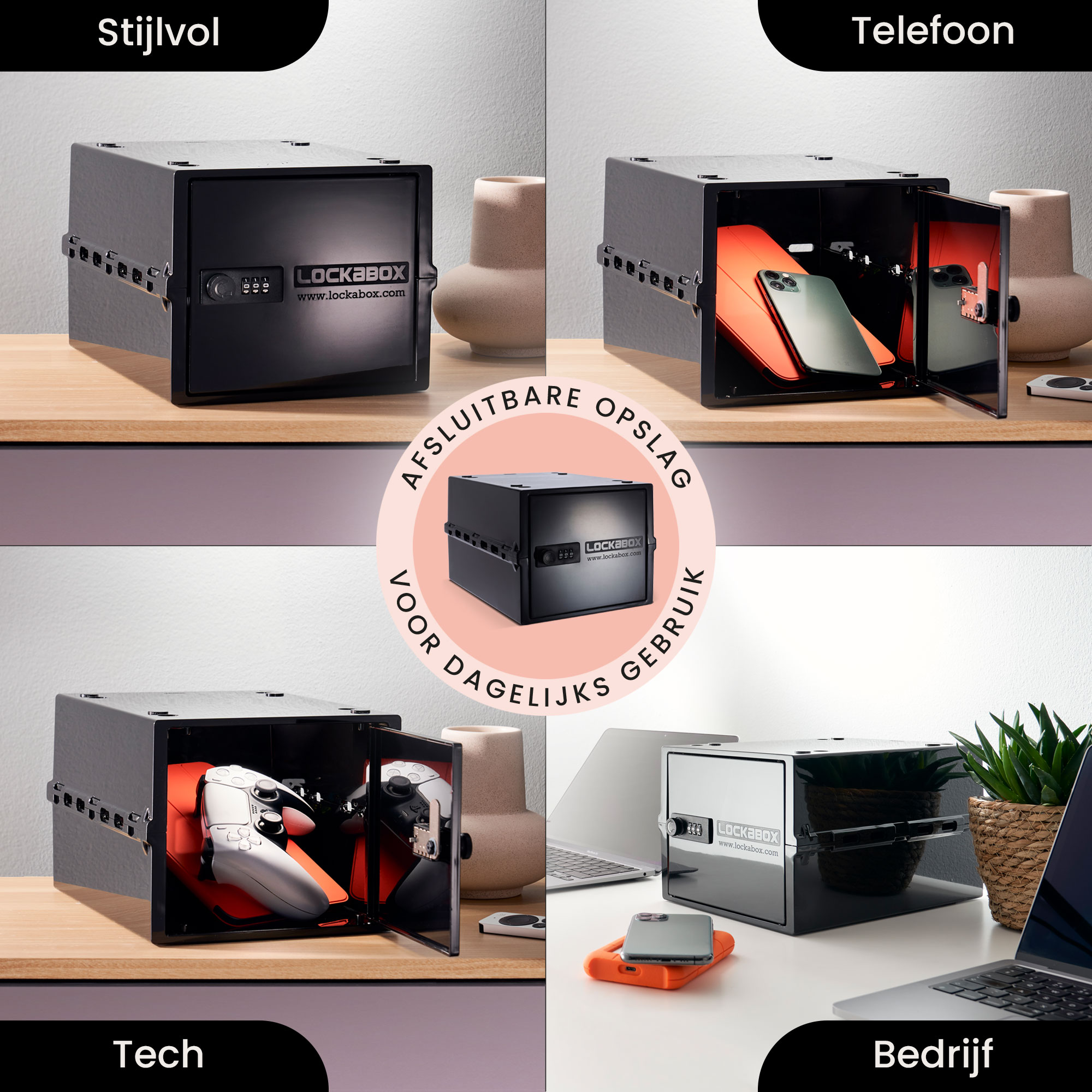 Vier Bilder von schwarzen Lockboxen, offen und geschlossen, die Aufbewahrungsoptionen zeigen.