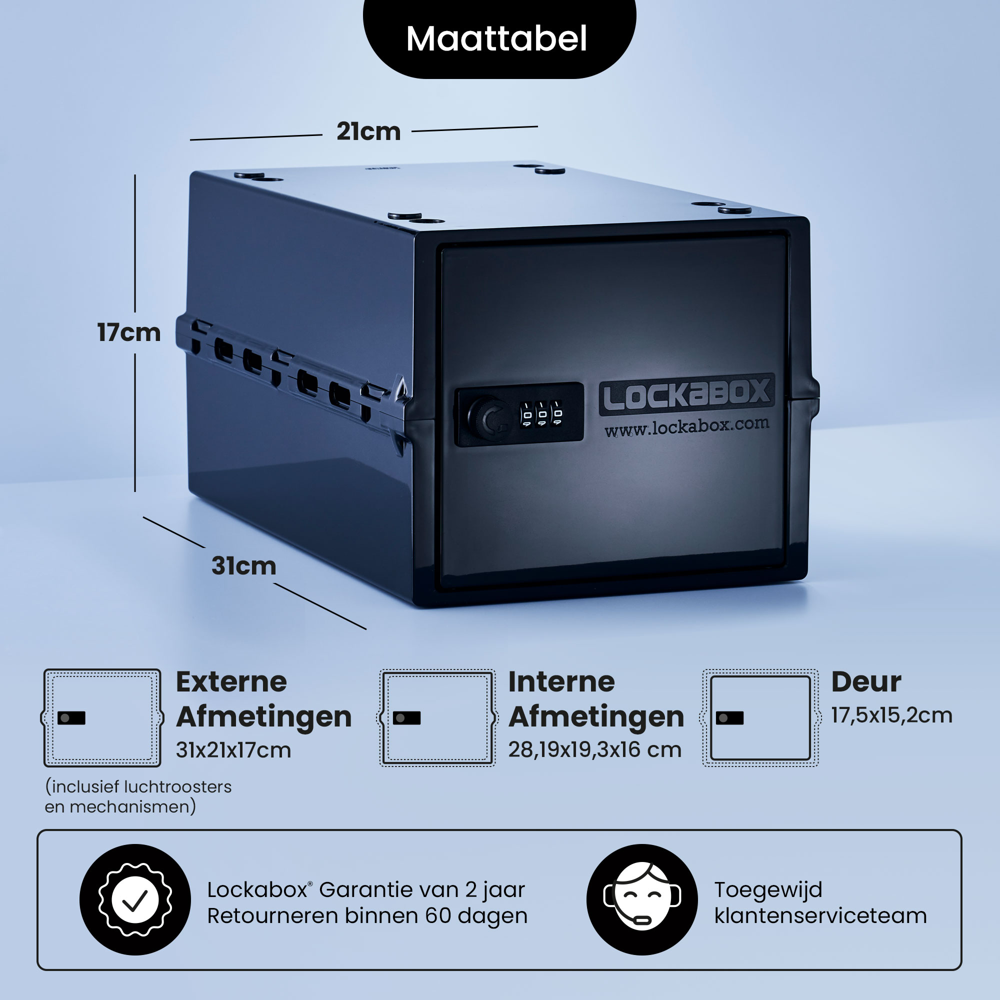 Schwarze LockaBox mit beschrifteten Abmessungen. Weißer Hintergrund.