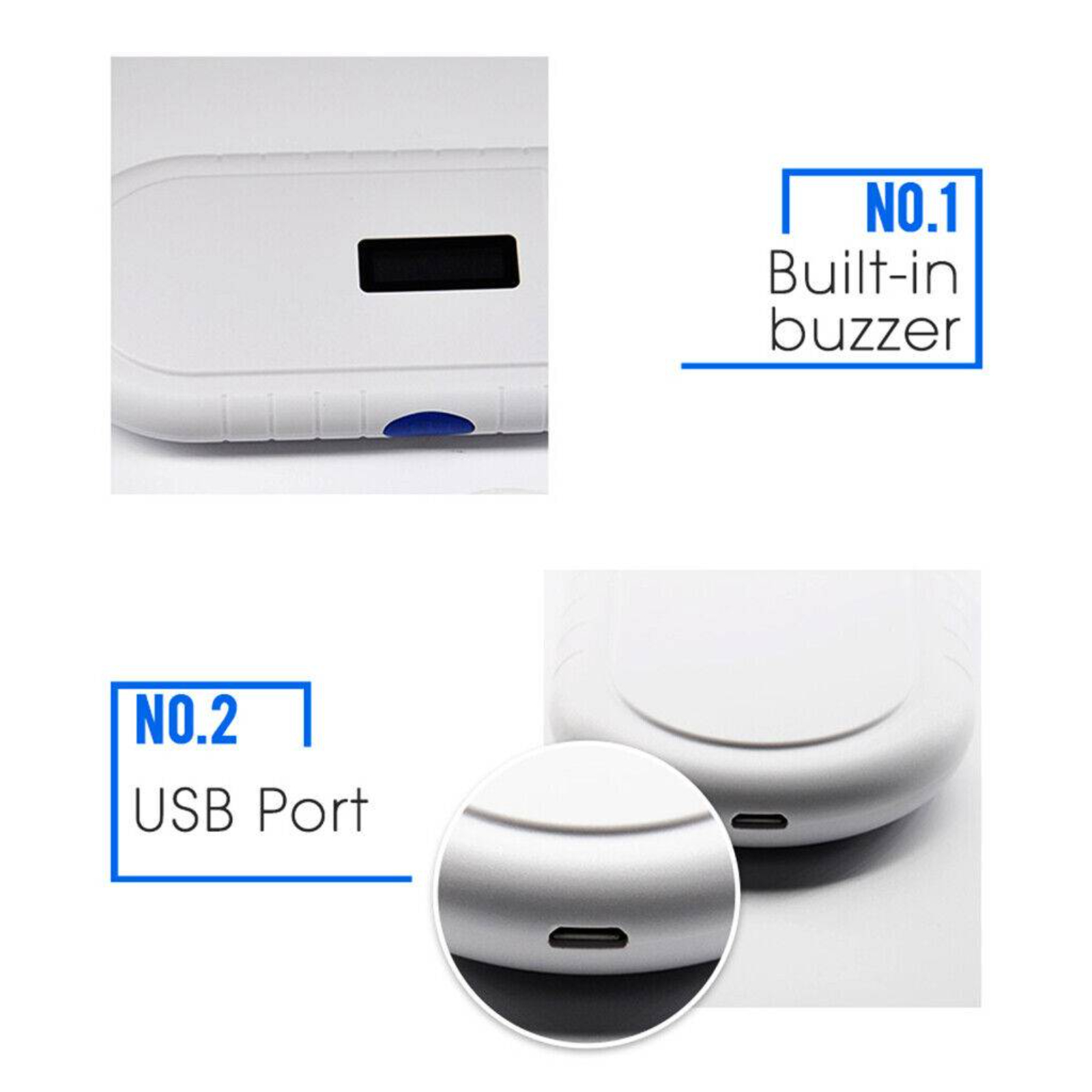 Zwei Bilder. Das erste zeigt ein Gerät. Das zweite zeigt einen USB-Anschluss.