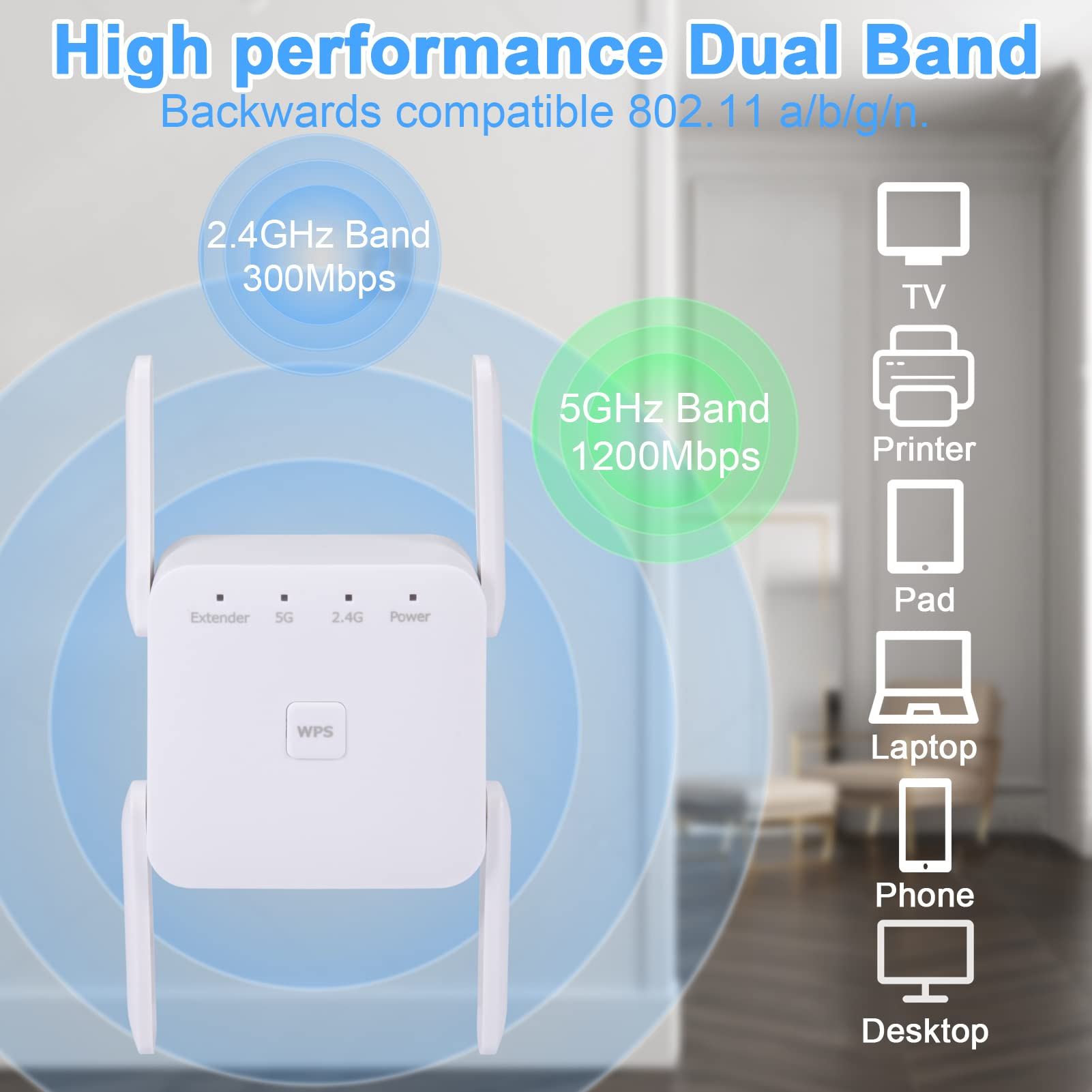 Ein weißer Netzwerk-Extender mit Antennen und Symbolen für verbundene Geräte.